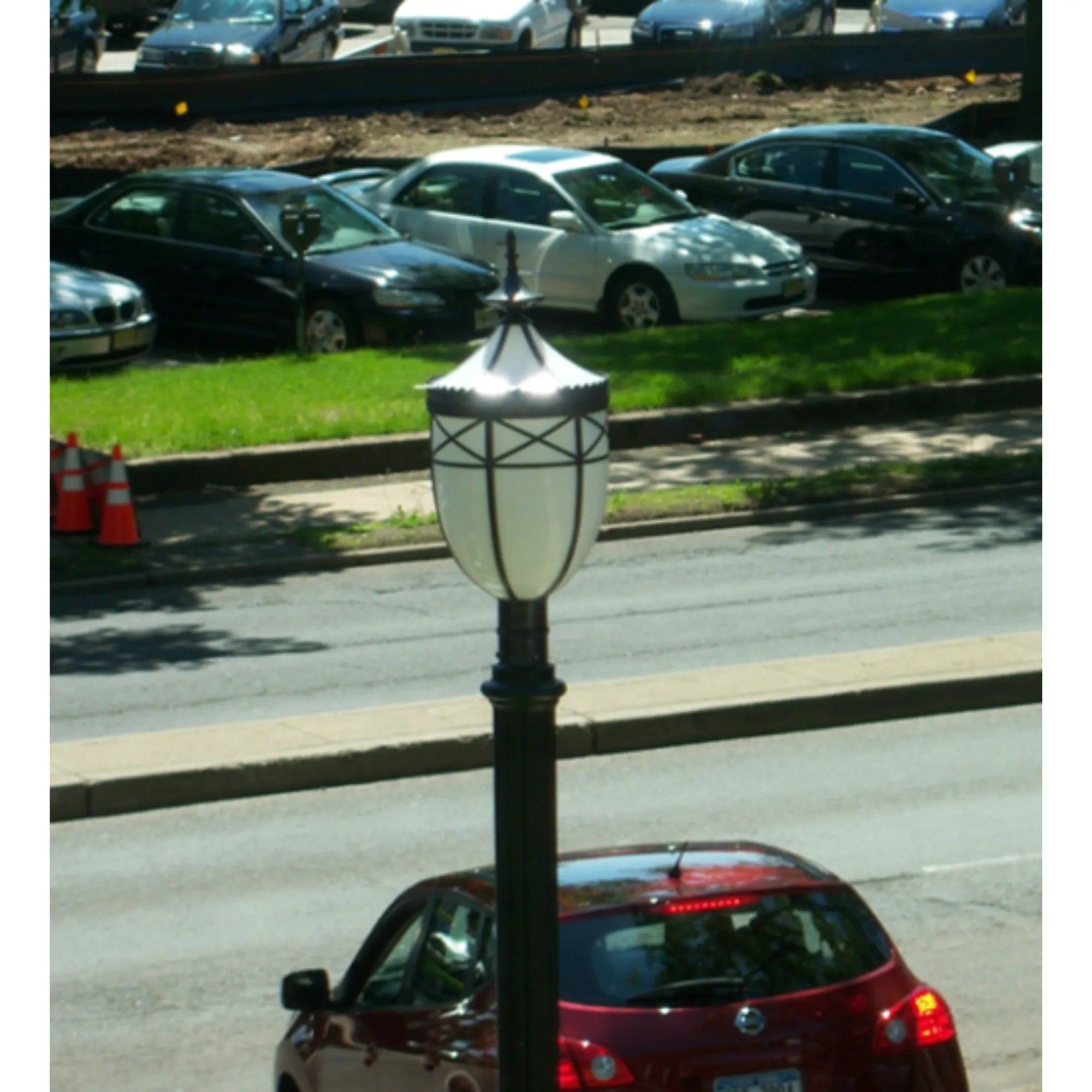 14" Wide Borough Hall Post Mount – Craftsman Brown – White Art Glass – Wet-Rated – Meyda Lighting
