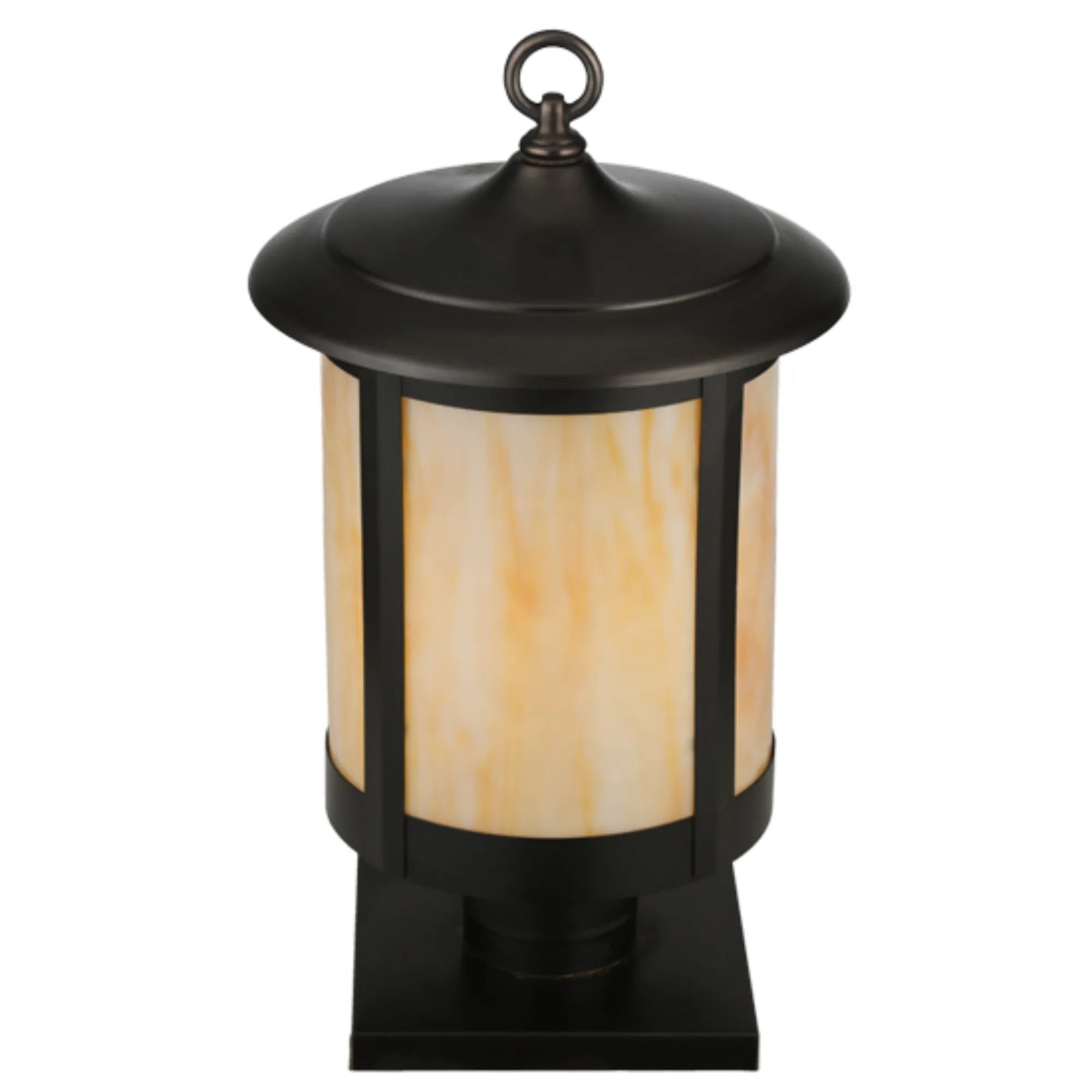 10" Wide Fulton Prime Post Mount – Craftsman Brown – Beige Art Glass – Damp-Rated – Meyda Lighting