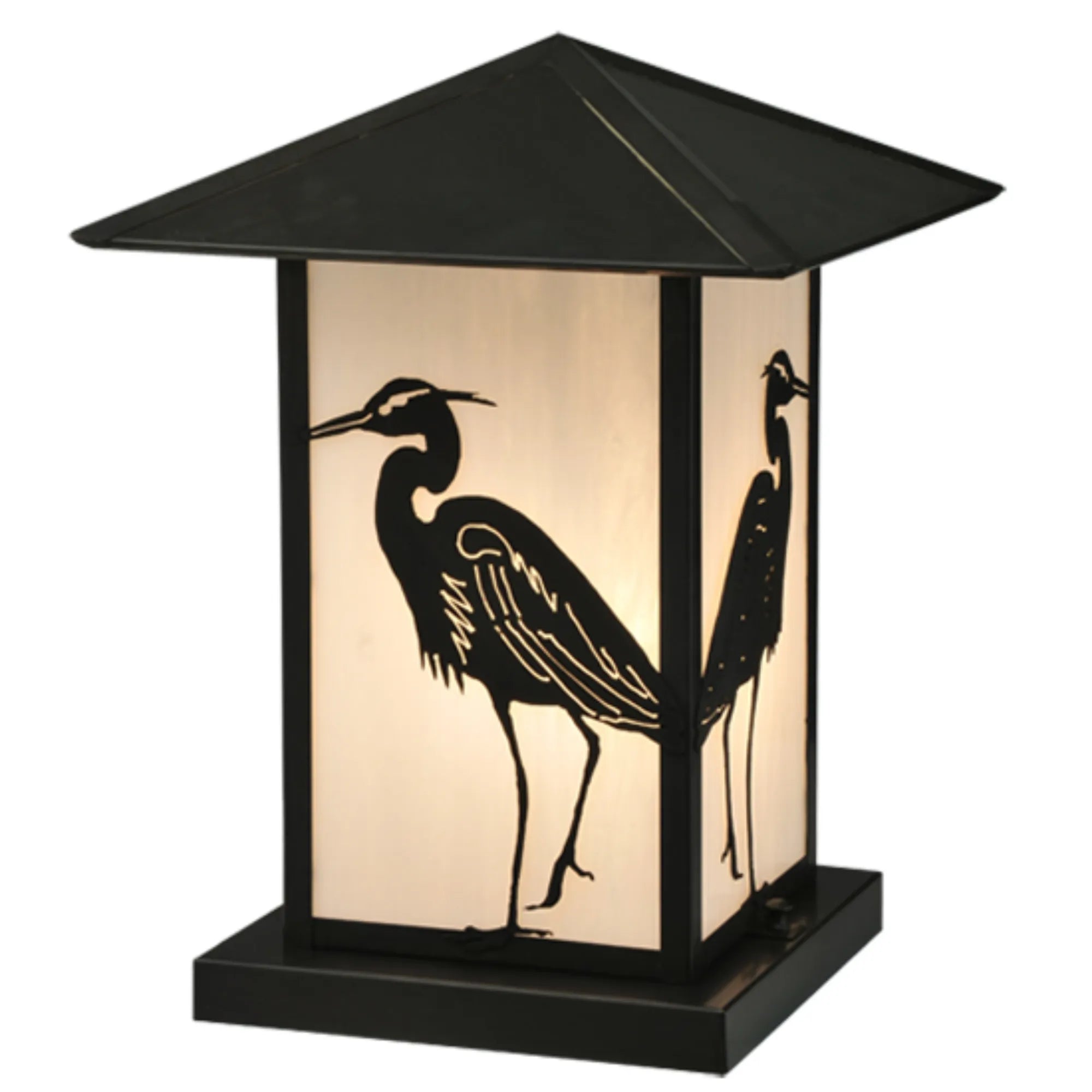 12" Square Seneca Heron Pier Mount – Craftsman Brown – White Art Glass – Wet-Rated – Meyda Lighting