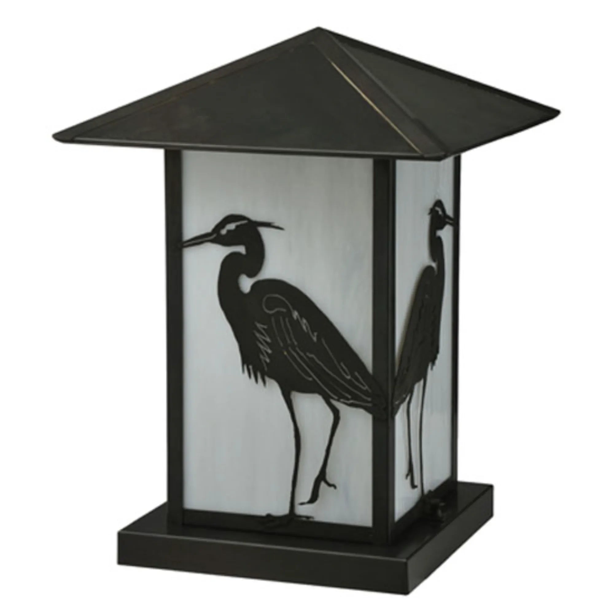 12" Square Seneca Heron Pier Mount – Craftsman Brown – White Art Glass – Wet-Rated – Meyda Lighting