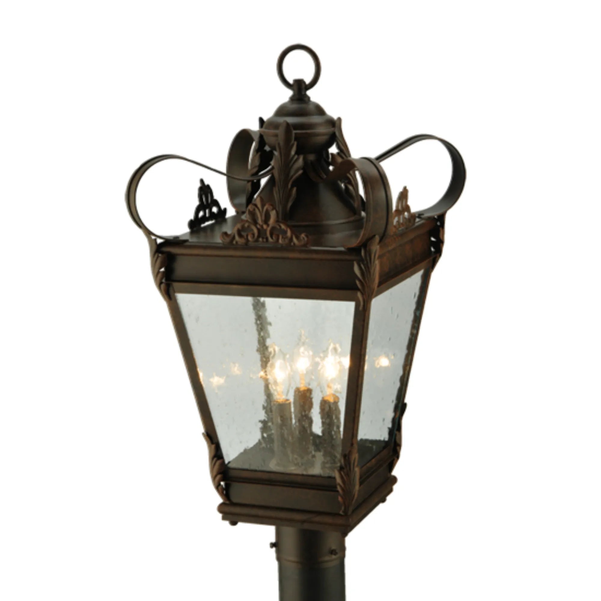 12.5"Sq Verona Post Mount – Gilded Tobacco – Clear Seeded Glass – Damp-Rated – Meyda Lighting