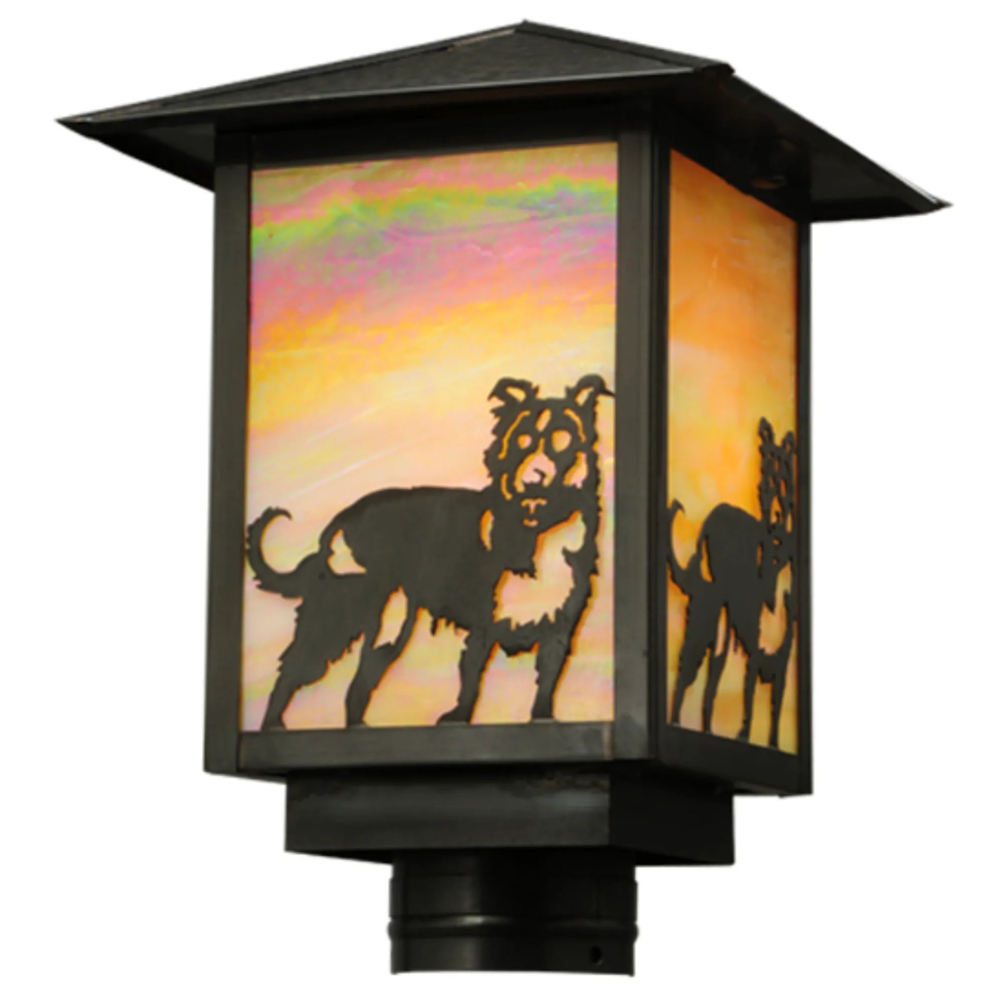 9"Sq Seneca Dog Post Mount – Craftsan Brown – Beige Iridescent Glass – Wet-Rated – Meyda Lighting