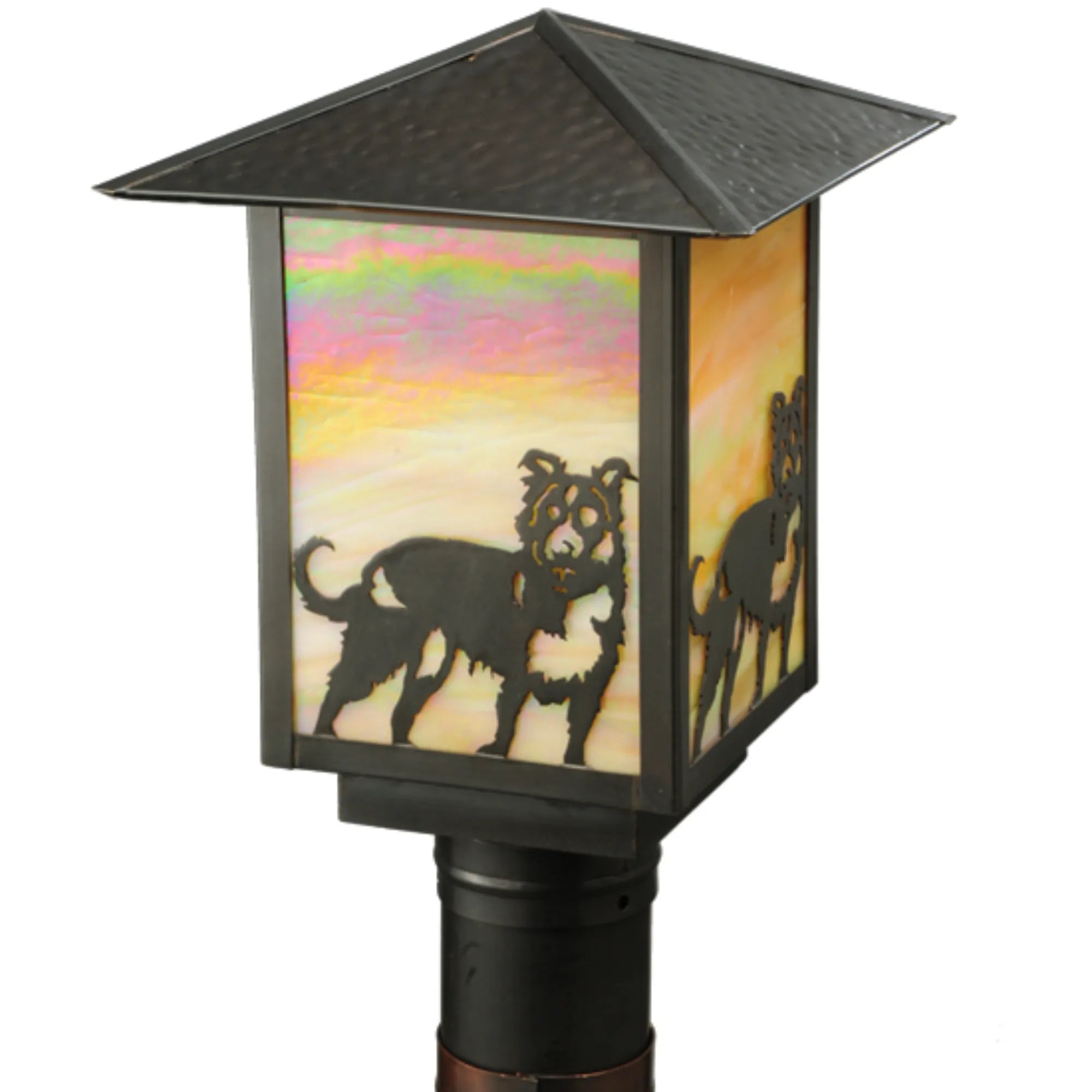 9"Sq Seneca Dog Post Mount – Craftsan Brown – Beige Iridescent Glass – Wet-Rated – Meyda Lighting