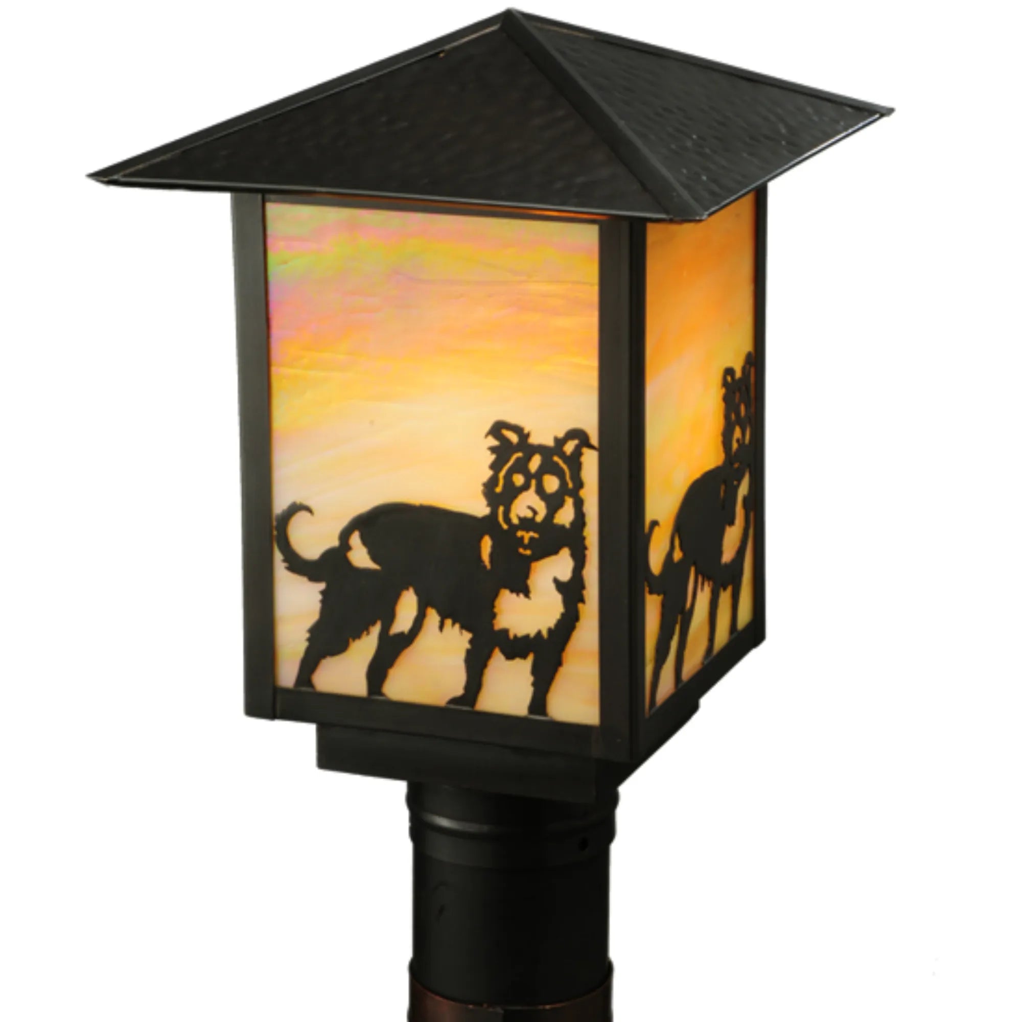 9"Sq Seneca Dog Post Mount – Craftsan Brown – Beige Iridescent Glass – Wet-Rated – Meyda Lighting
