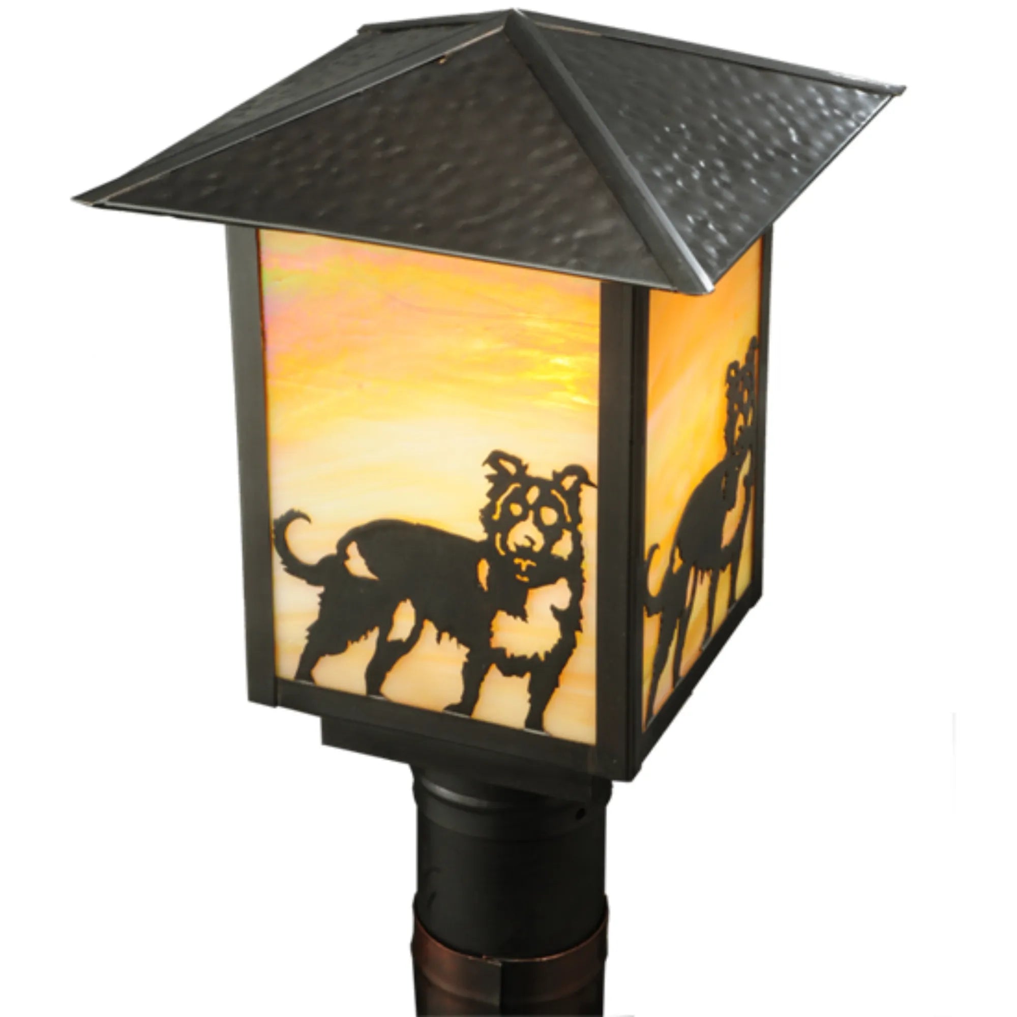 9"Sq Seneca Dog Post Mount – Craftsan Brown – Beige Iridescent Glass – Wet-Rated – Meyda Lighting