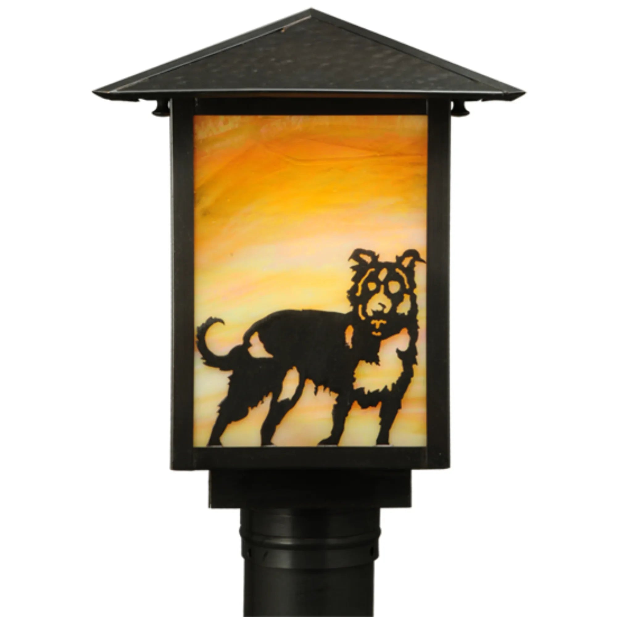 9"Sq Seneca Dog Post Mount – Craftsan Brown – Beige Iridescent Glass – Wet-Rated – Meyda Lighting
