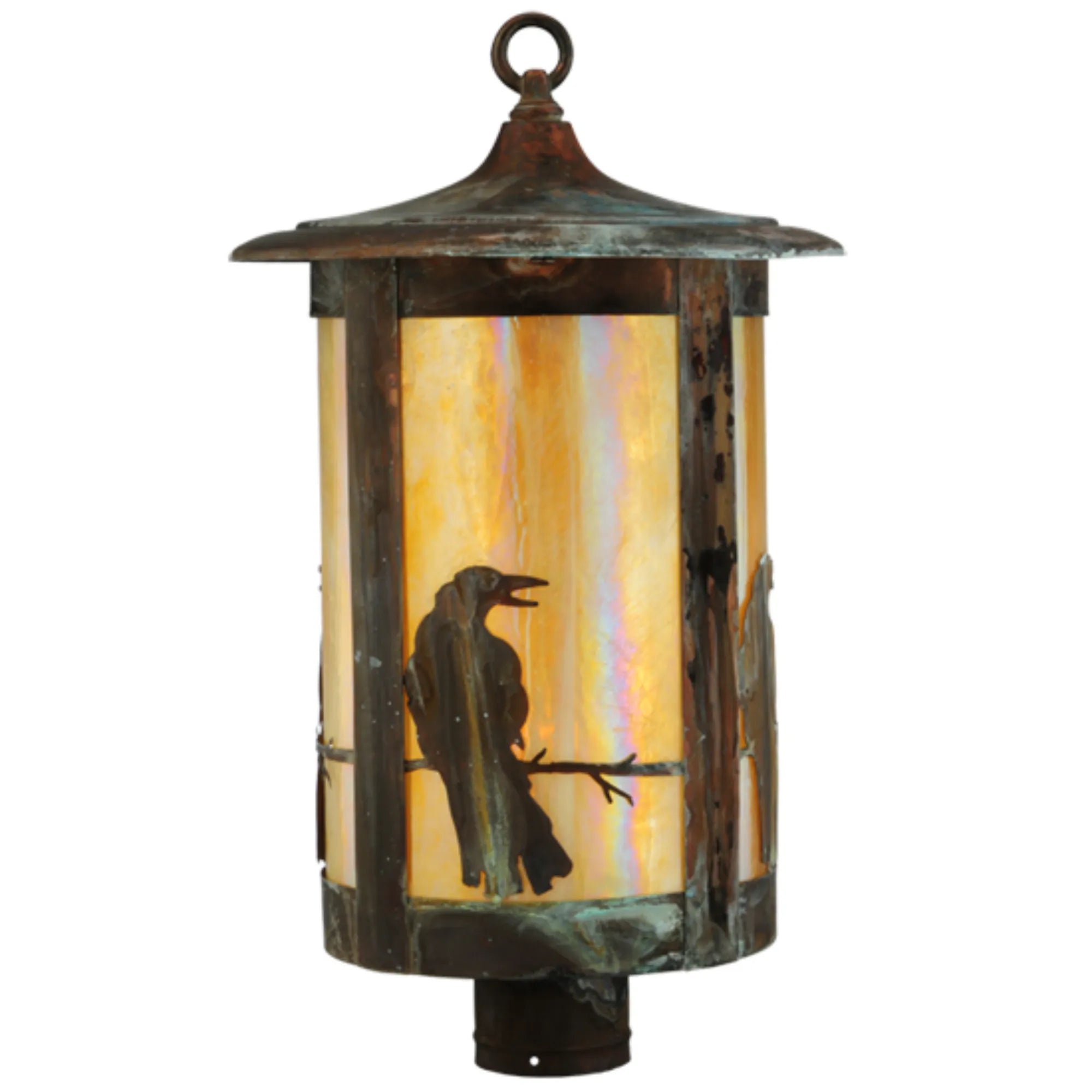 12"W Fulton Crow Post Mount – Vintage Copper – Beige Iridescent Glass – Wet-Rated – Meyda Lighting