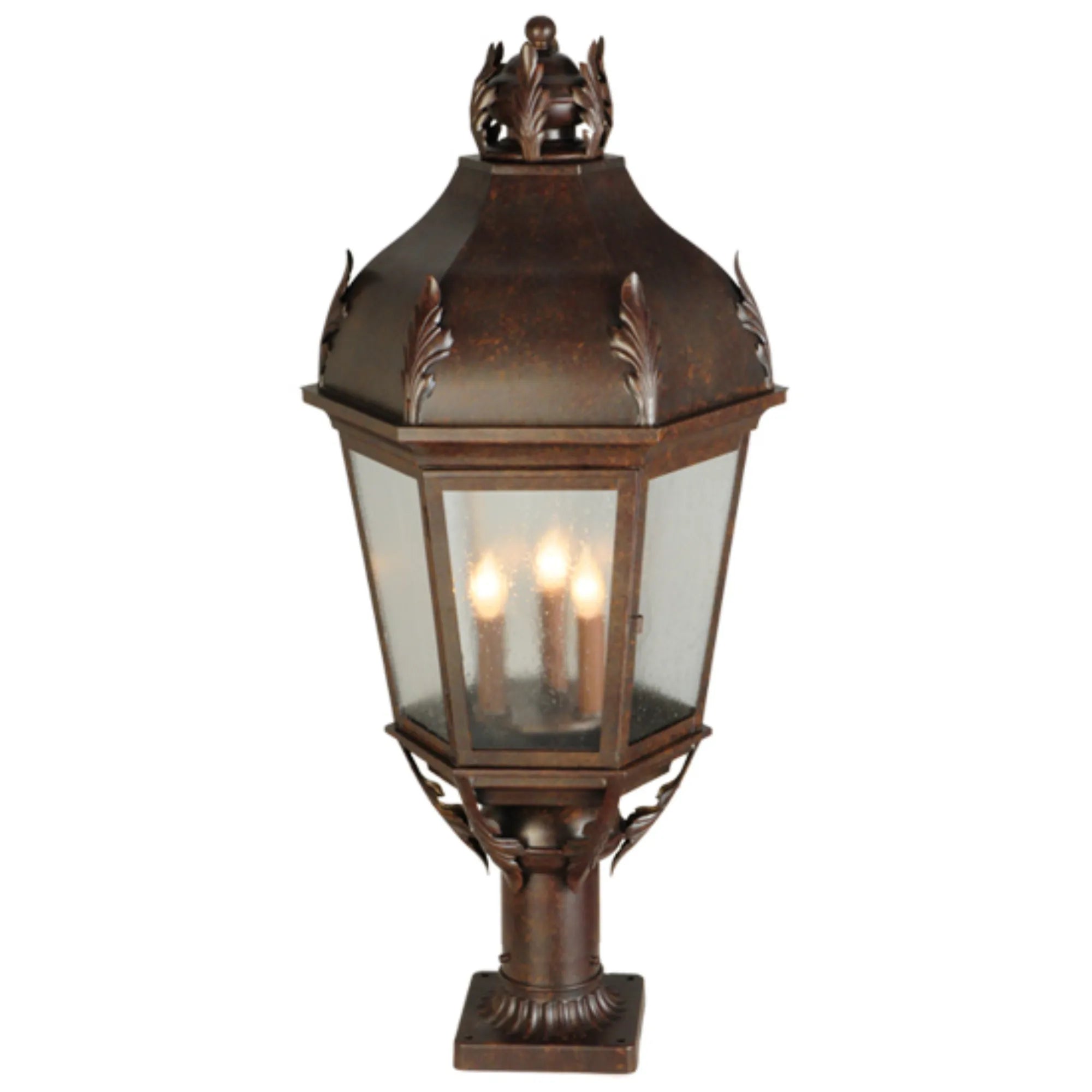 15"W Royan Lantern Pier Mount – Rusty Nail – Clear Seeded Glass – Wet-Rated – Meyda Lighting