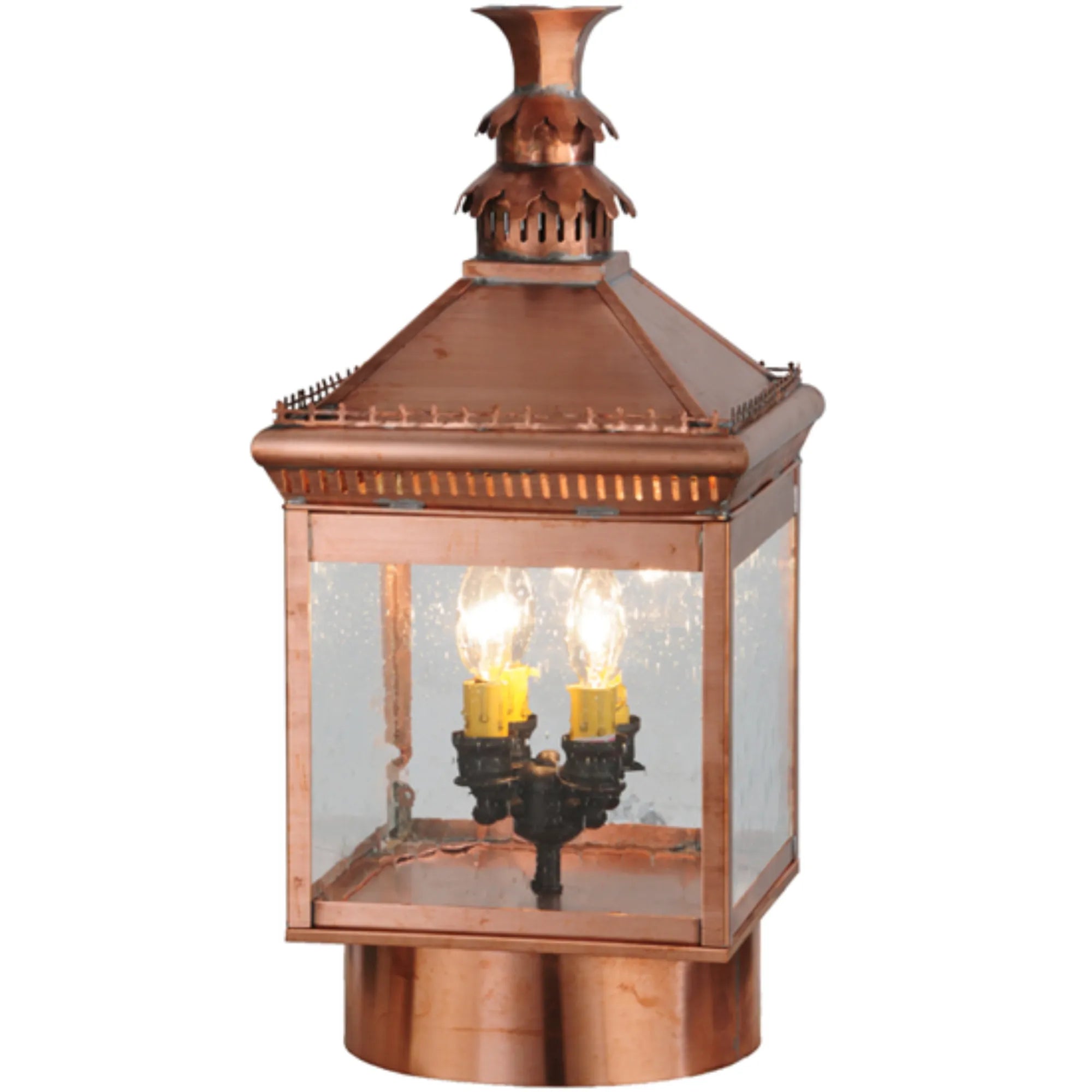 10"Sq Locke Post Mount – Raw Copper – Clear Seeded Glass – Wet-Rated – Meyda Lighting
