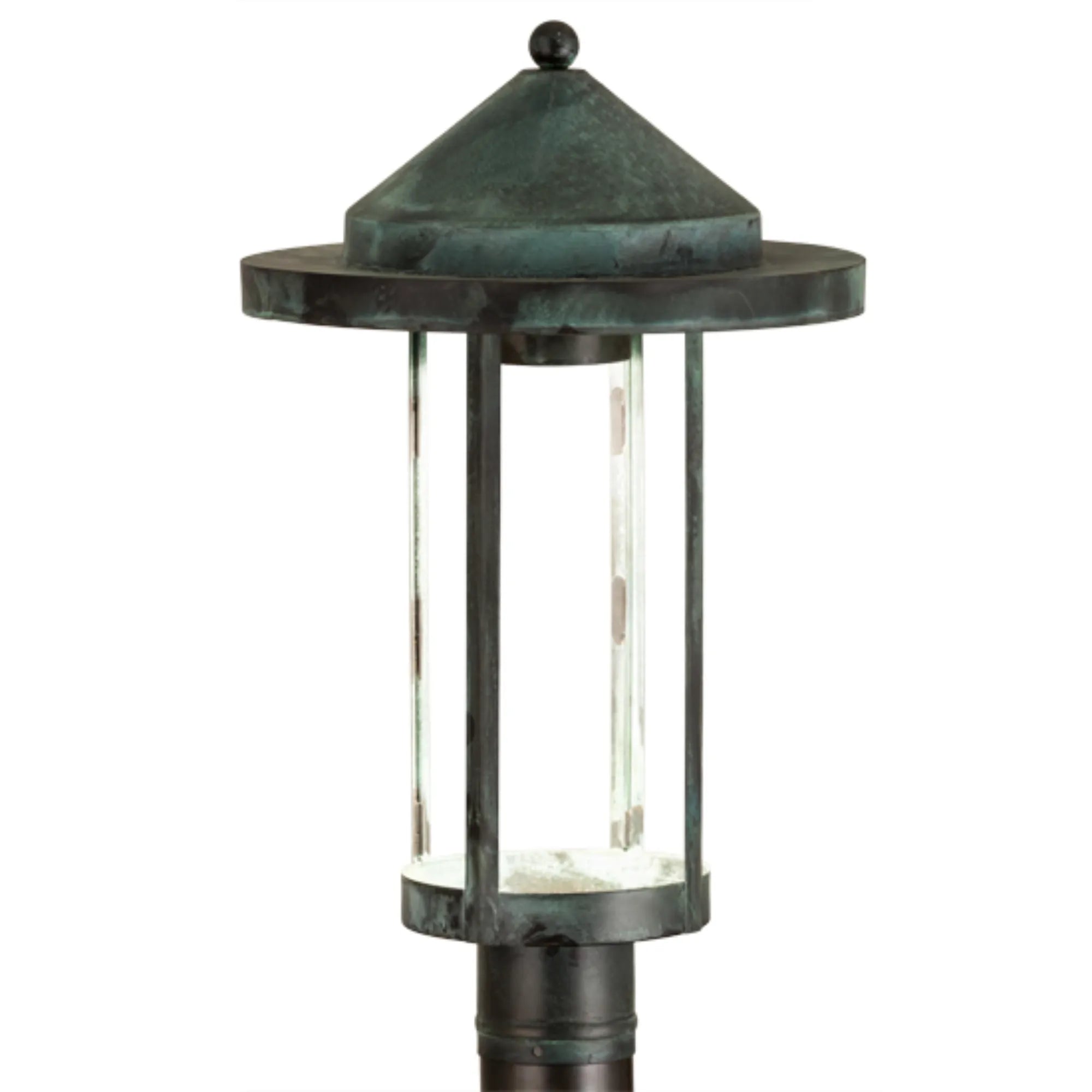 12" Wide Fulton Prime Post Mount – Craftsman Verdigris on Brass – Damp-Rated – Meyda Lighting