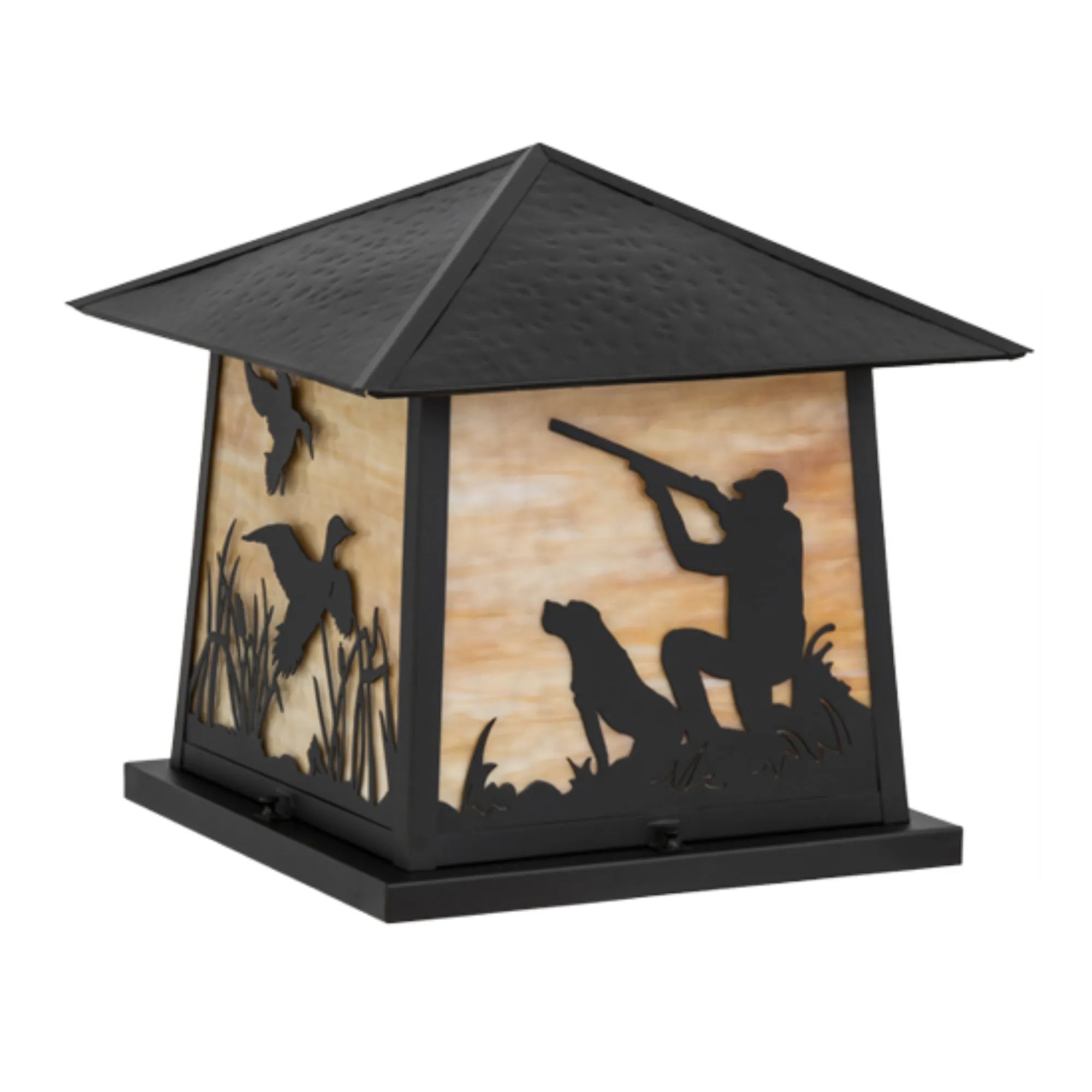 18"Sq Duck Hunter W/Dog Pier Mount – Black – Beige Art Glass – Wet-Rated – Meyda Lighting