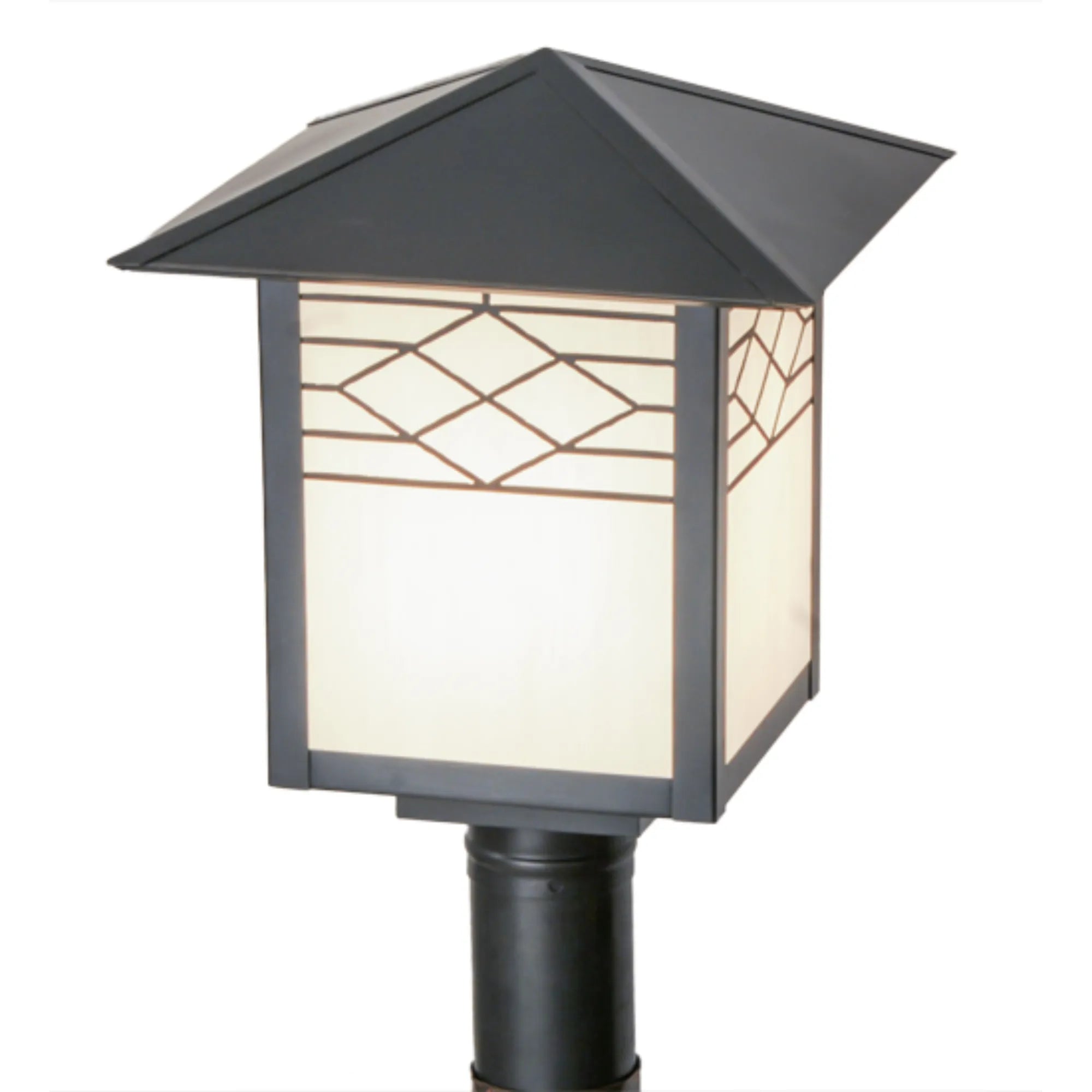 12"Square Seneca Ponte Post Mount – Craftsman Brown – White Art Glass – Wet-Rated – Meyda Lighting