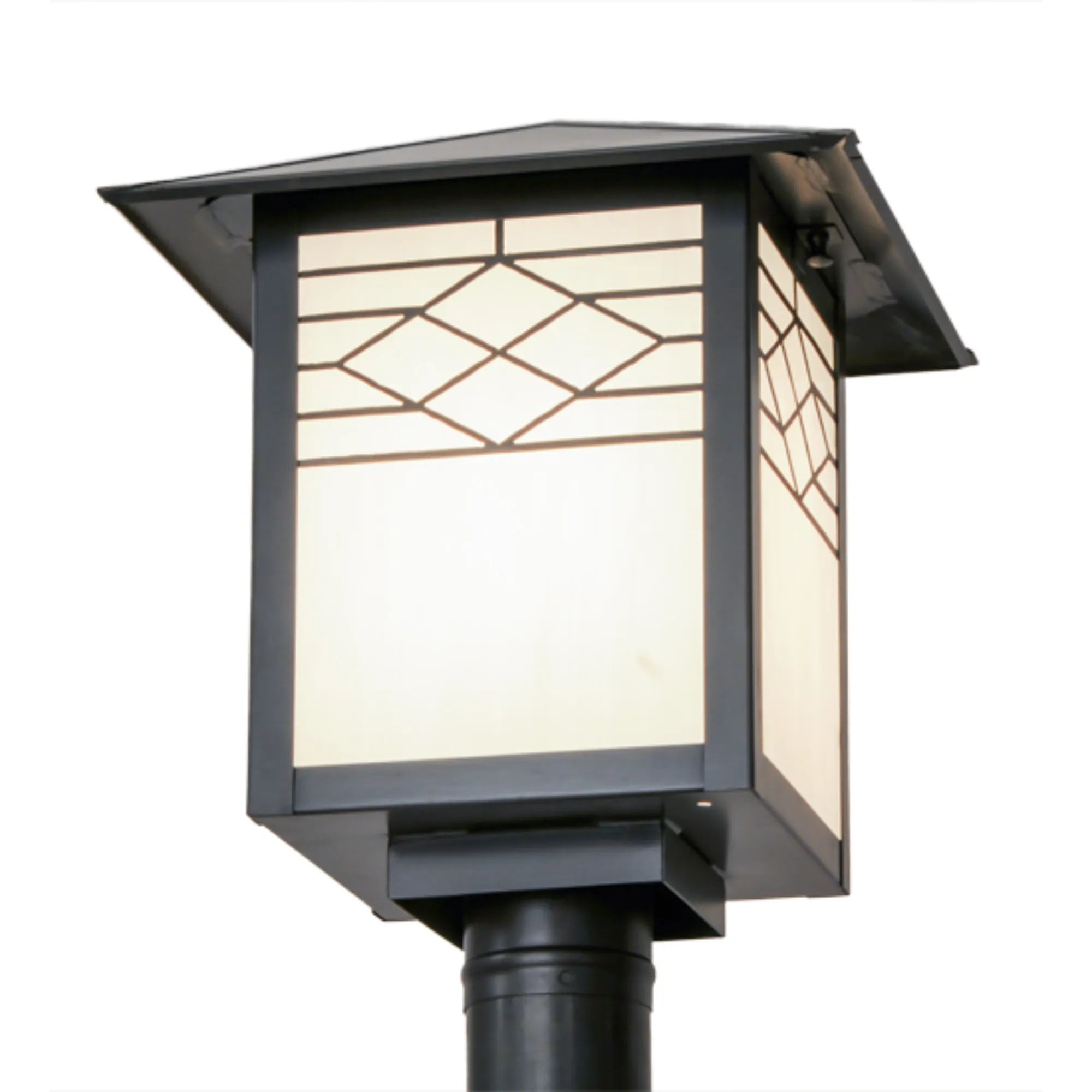 12"Square Seneca Ponte Post Mount – Craftsman Brown – White Art Glass – Wet-Rated – Meyda Lighting