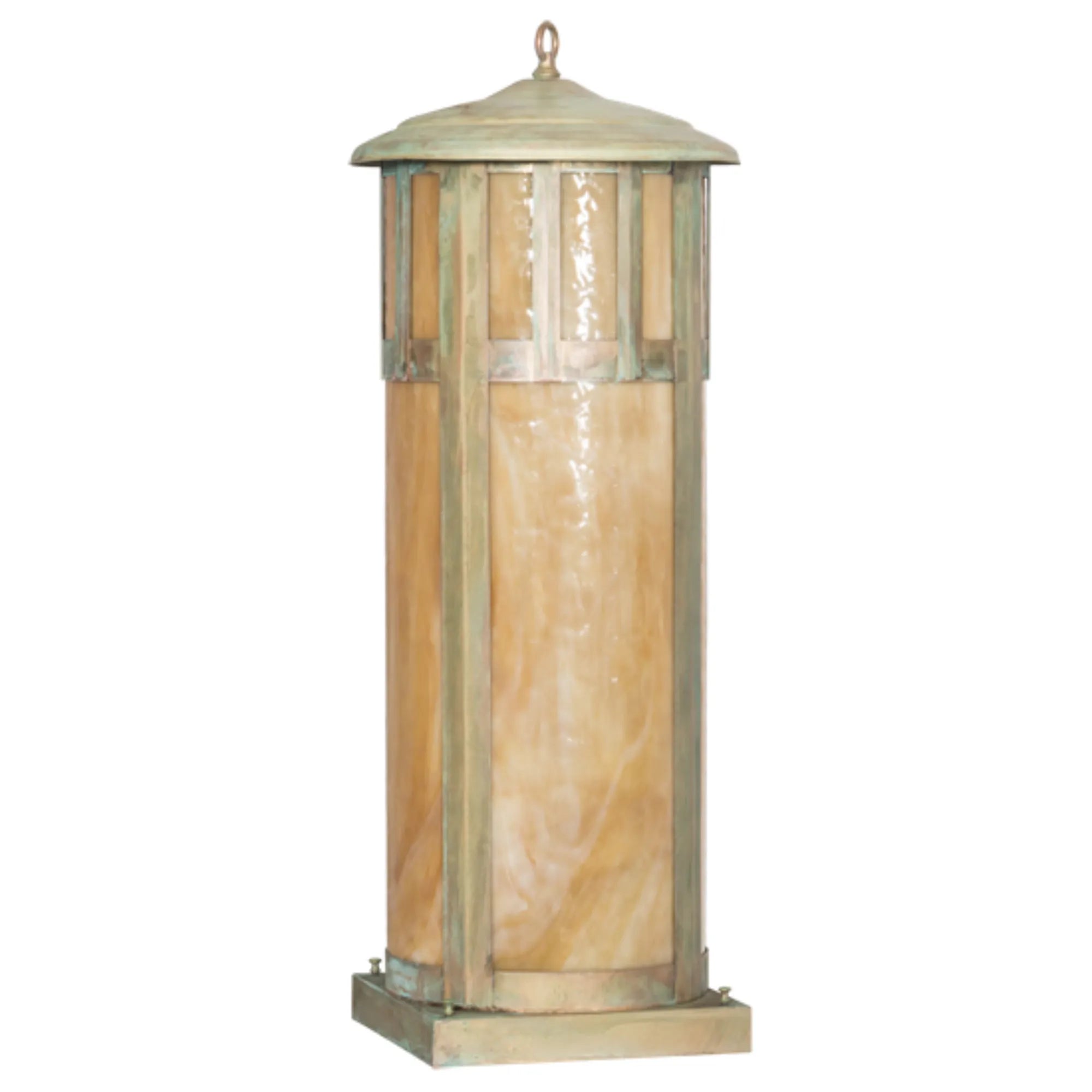 14" Wide Double Bar Mission Pier Mount – Verdigris – Beige Art Glass – Wet-Rated – Meyda Lighting