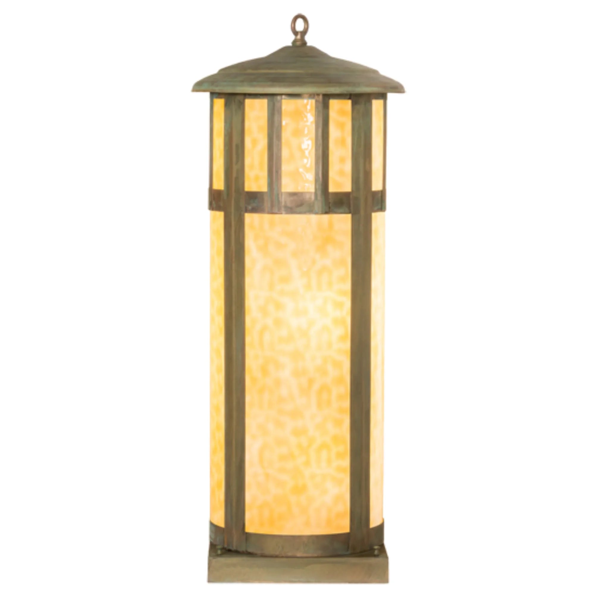 14" Wide Double Bar Mission Pier Mount – Verdigris – Beige Art Glass – Wet-Rated – Meyda Lighting