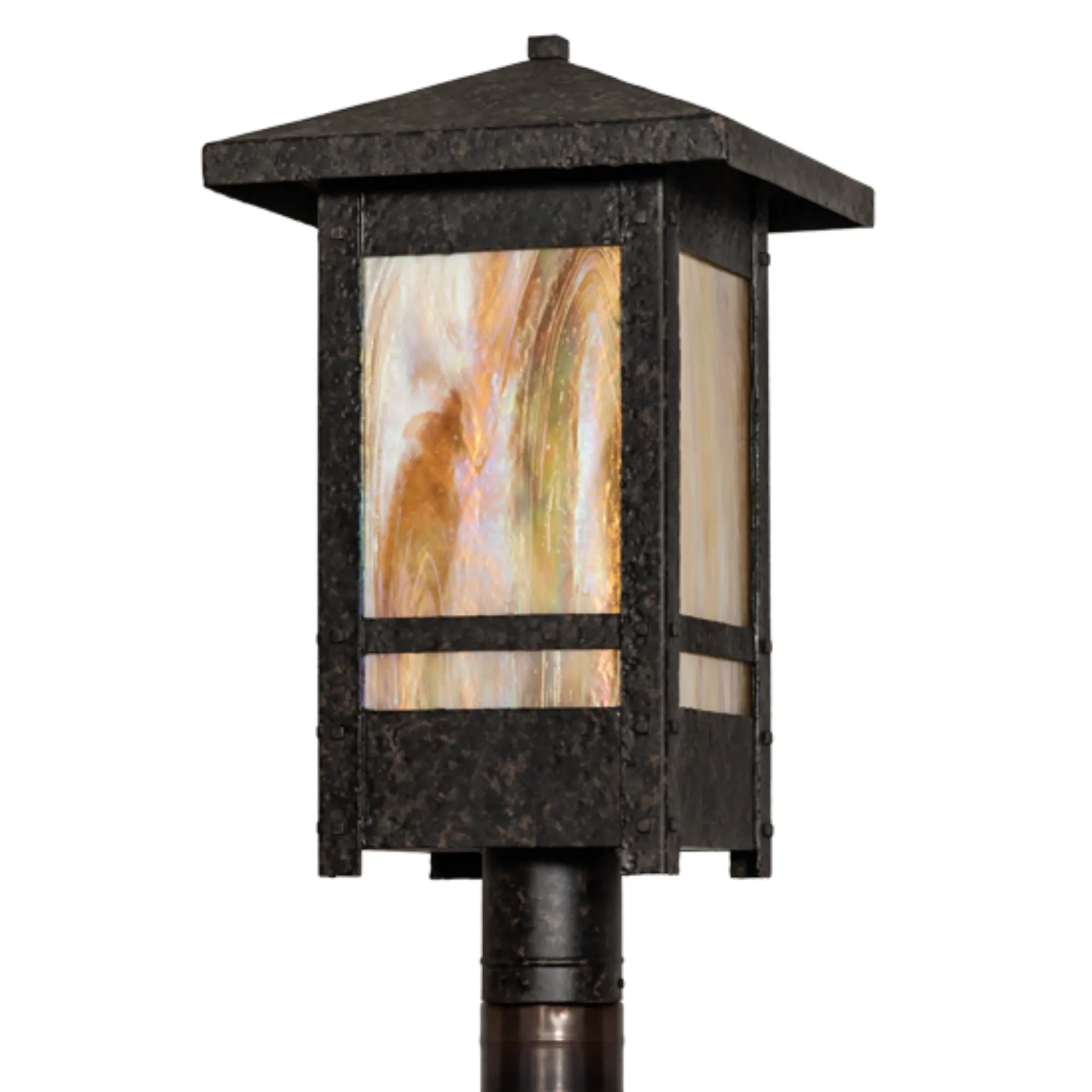 16" Square Irwindale Post Mount – Coffee Bean – .Beige Iridescent Glass – Wet-Rated – Meyda Lighting