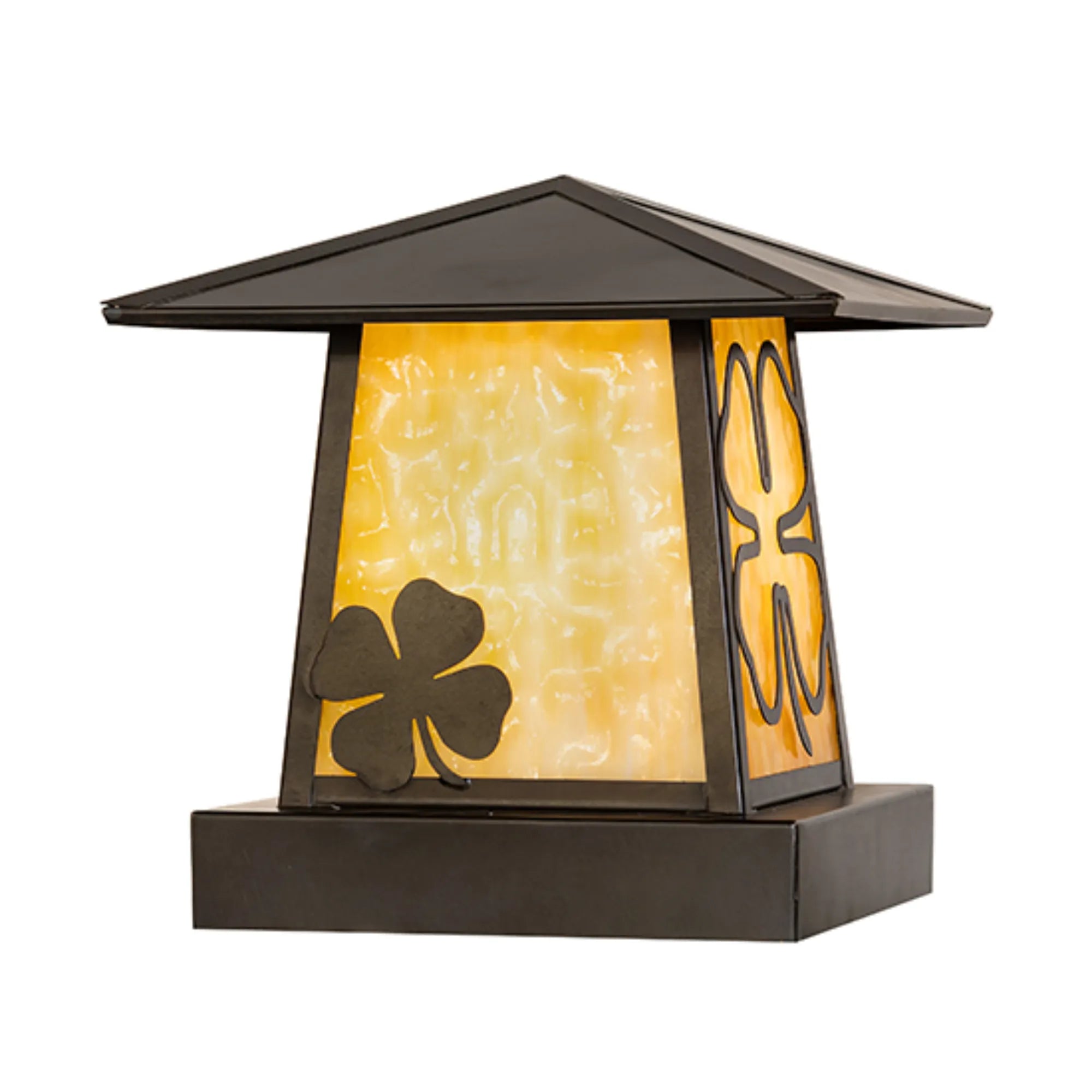12" Square Shamrock Pier Mount – Craftsman Brown – Beige Art Glass – Wet-Rated – Meyda Lighting