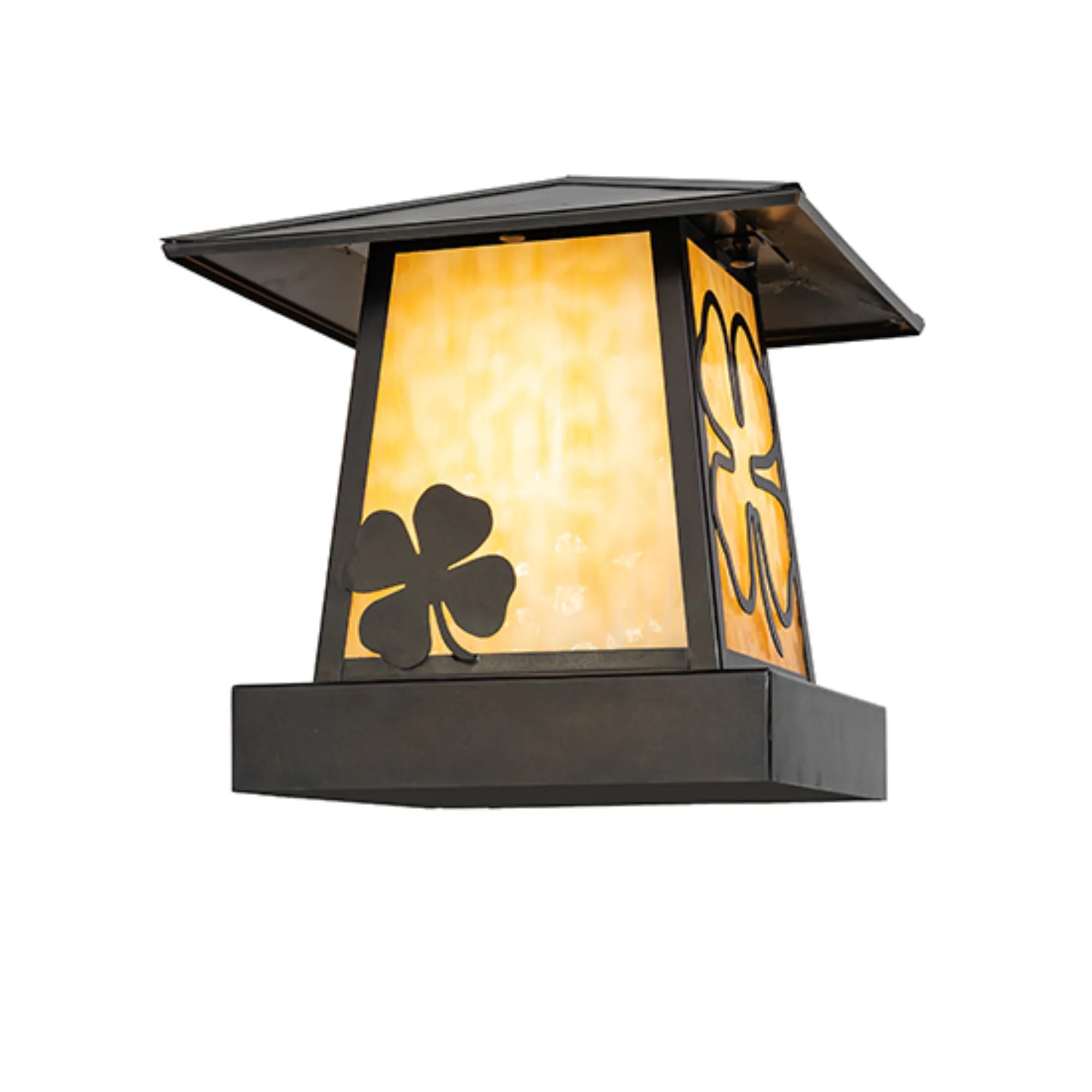 12" Square Shamrock Pier Mount – Craftsman Brown – Beige Art Glass – Wet-Rated – Meyda Lighting