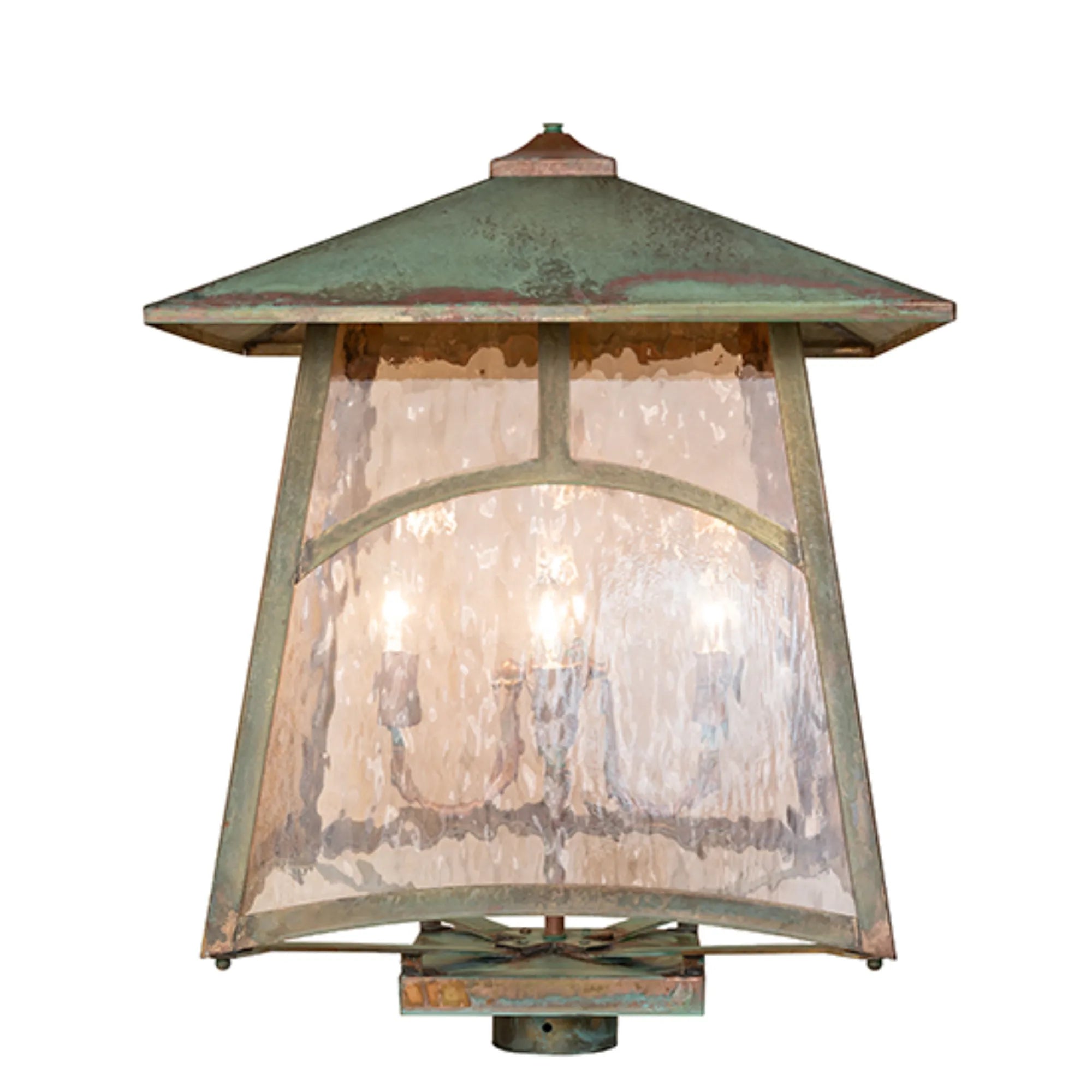 18" Square Stillwater Hill Top Post Mount – Verdigris – Rose Gold Glass – Wet-Rated – Meyda Lighting