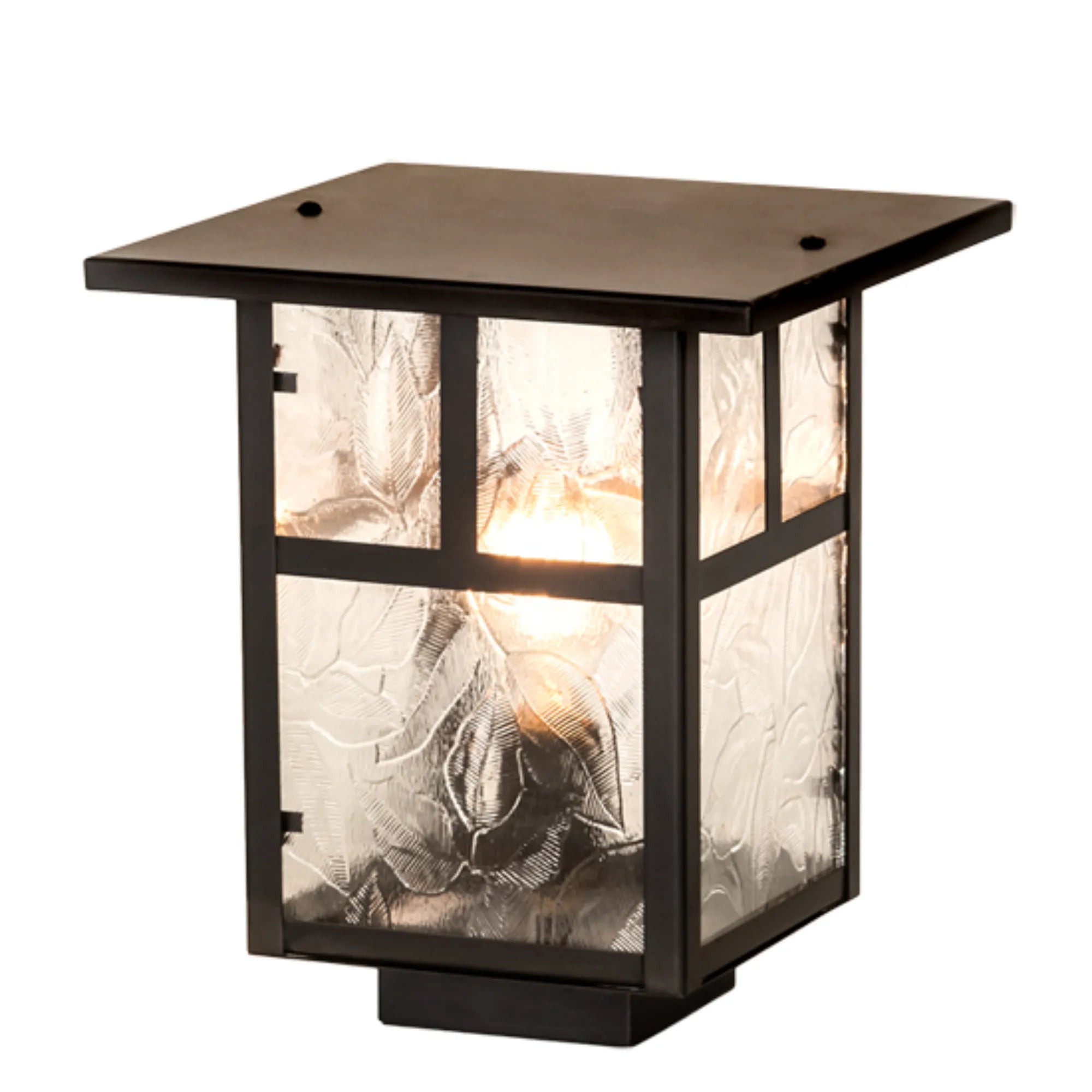 9" Square "T" Mission Deck Light – Craftsman Brown – Clear Leaf Glass – Wet-Rated – Meyda Lighting