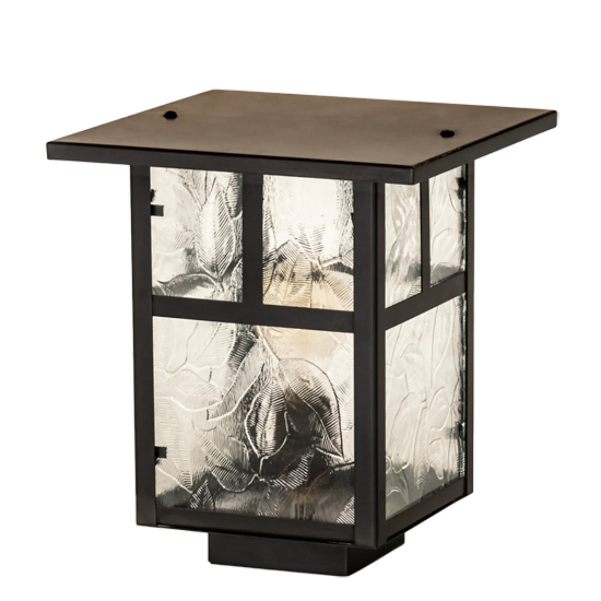 9" Square "T" Mission Deck Light – Craftsman Brown – Clear Leaf Glass – Wet-Rated – Meyda Lighting