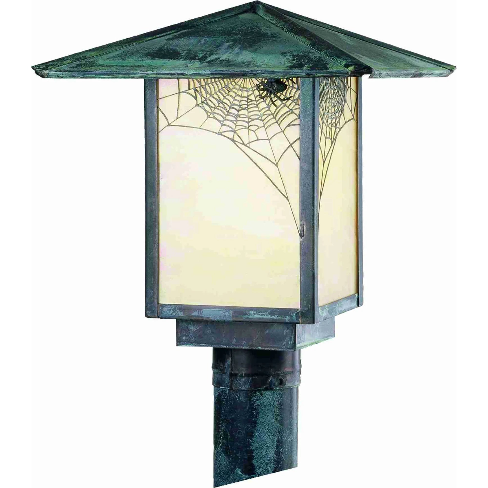 12"Sq Seneca Spider Web Post Mount – Verdigris – Beige Iridescent – Wet-Rated – Meyda Lighting