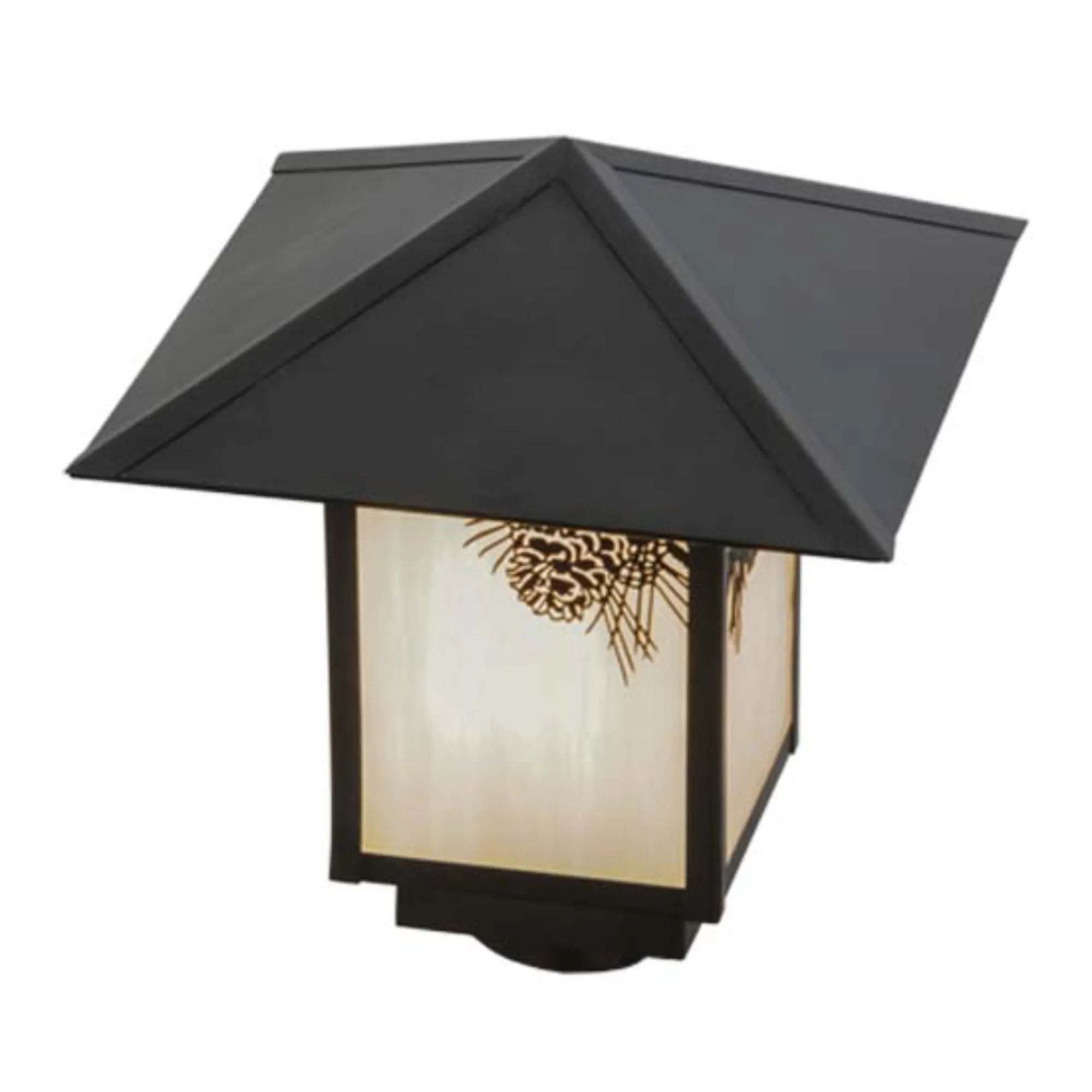 12"Sq Seneca Winter Pine Post Mount – Craftsman Brown – White Art Glass – Wet-Rated – Meyda Lighting