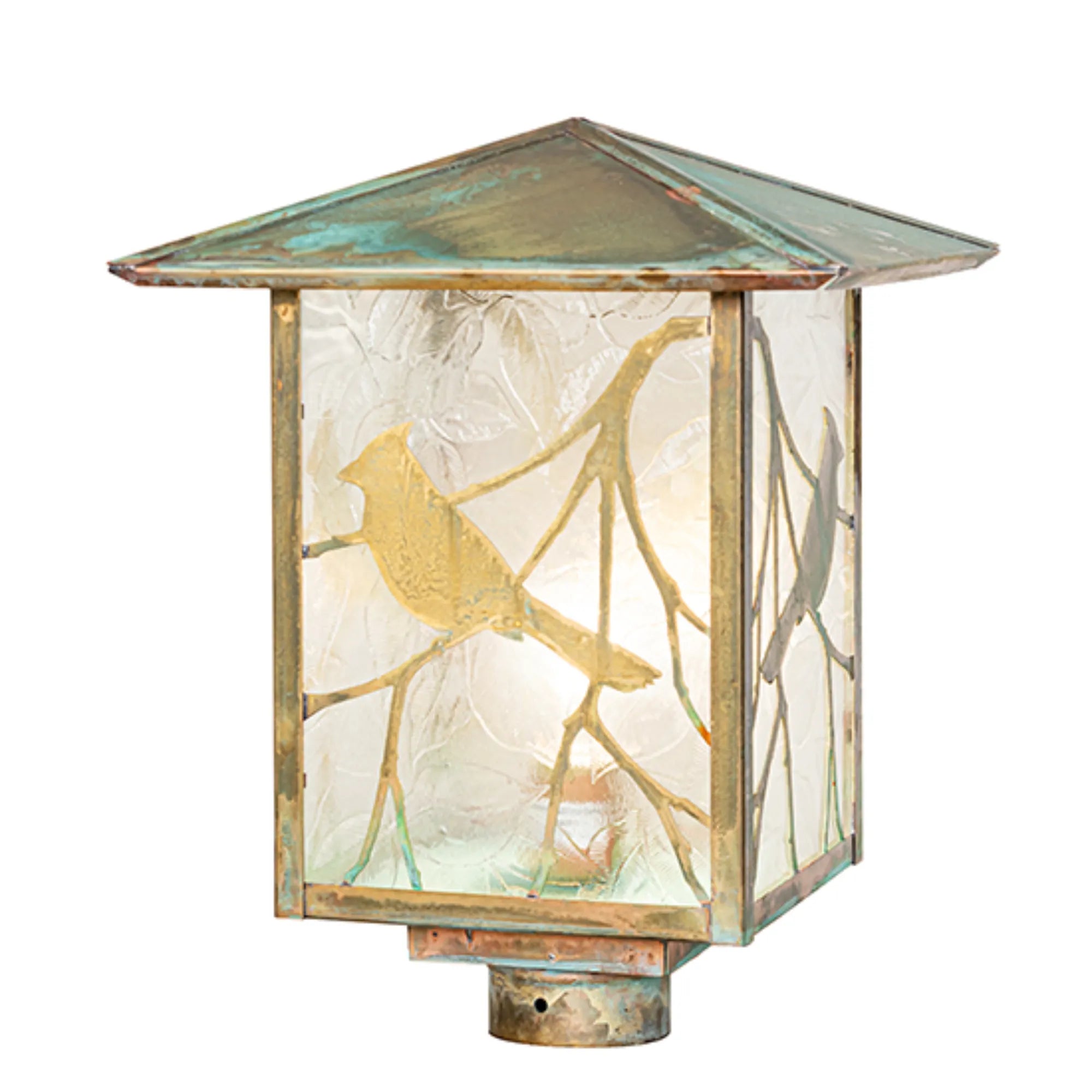 12" Square Seneca Song Bird Post Mount – Verdigris – Clear Leaf Glass – Wet-Rated – Meyda Lighting