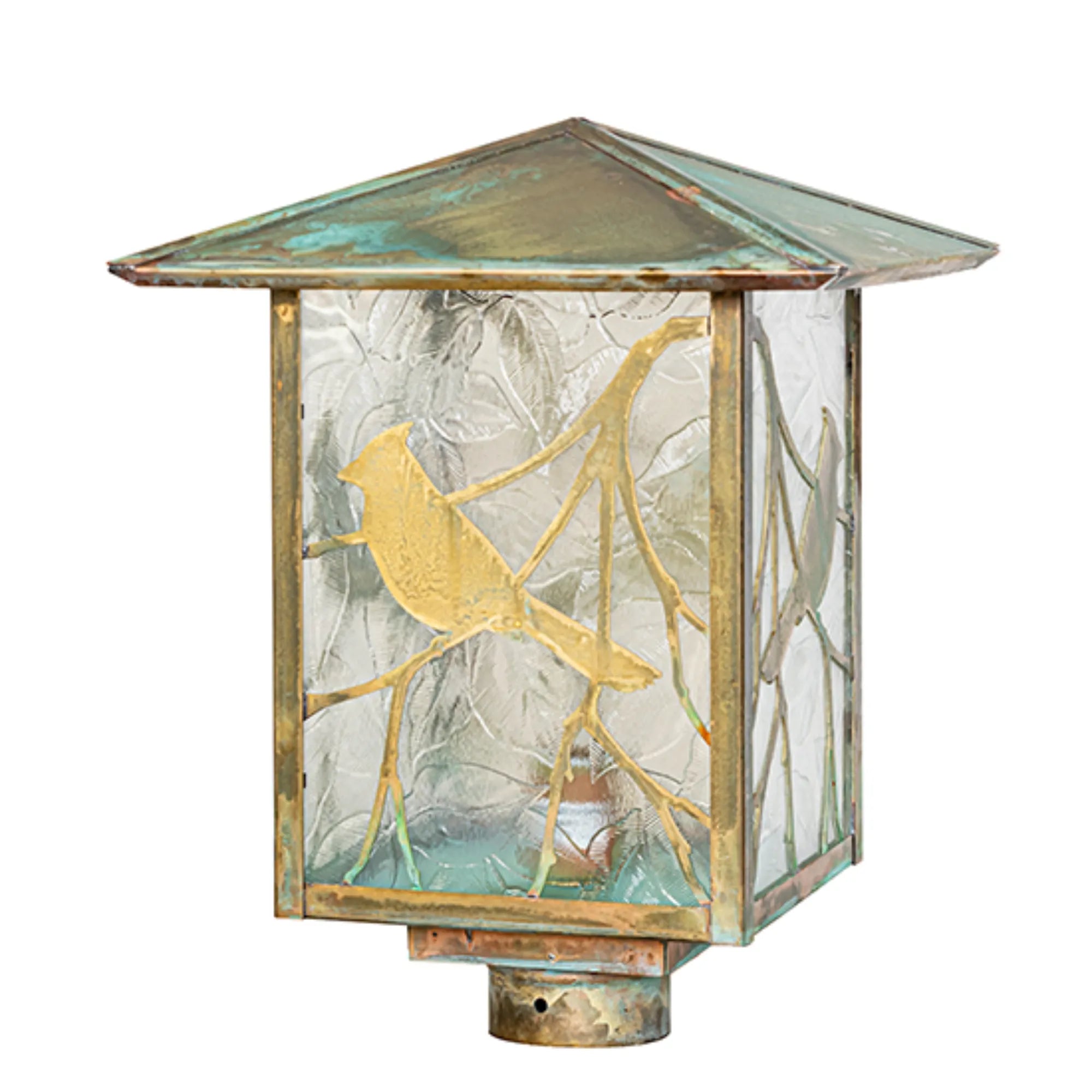 12" Square Seneca Song Bird Post Mount – Verdigris – Clear Leaf Glass – Wet-Rated – Meyda Lighting