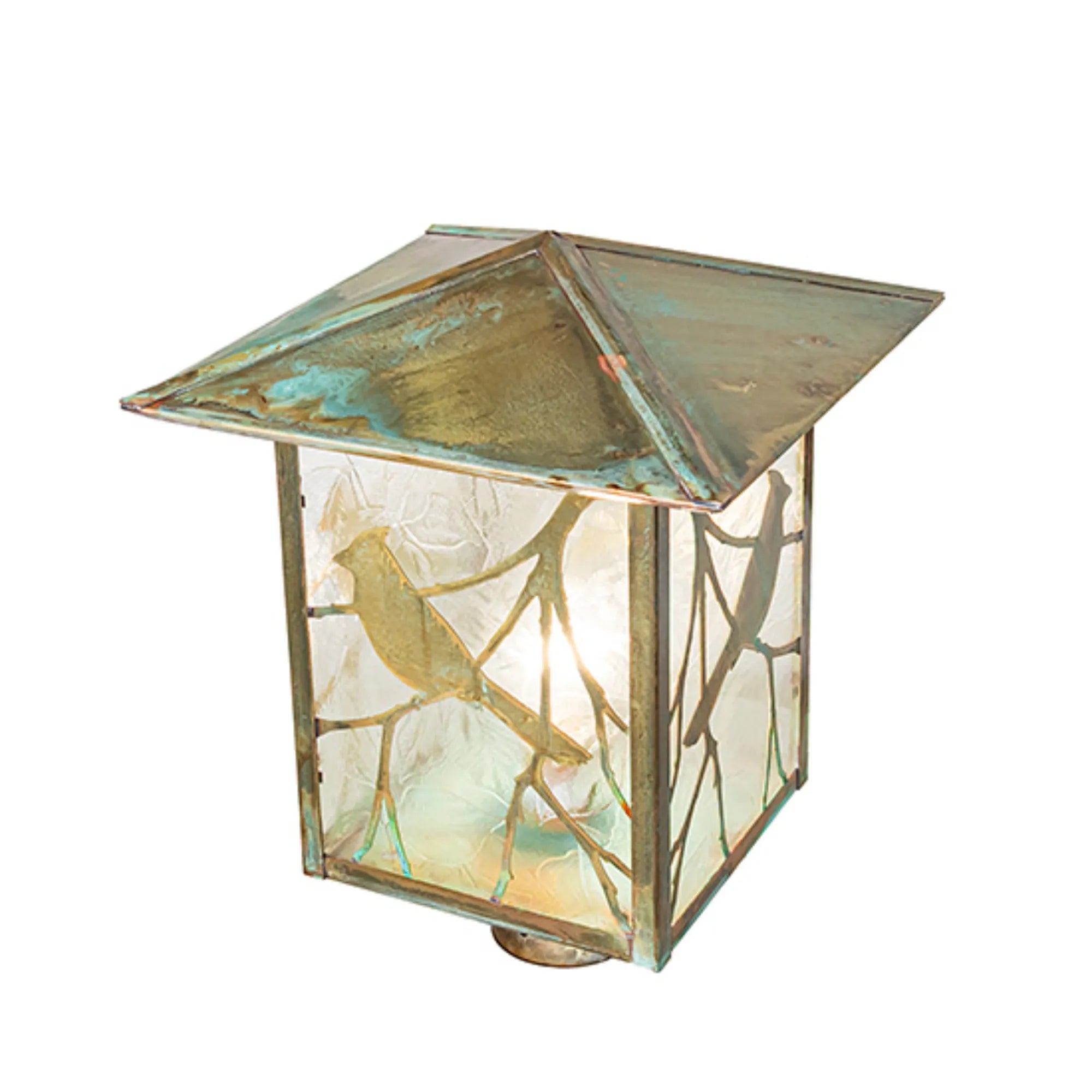 12" Square Seneca Song Bird Post Mount – Verdigris – Clear Leaf Glass – Wet-Rated – Meyda Lighting