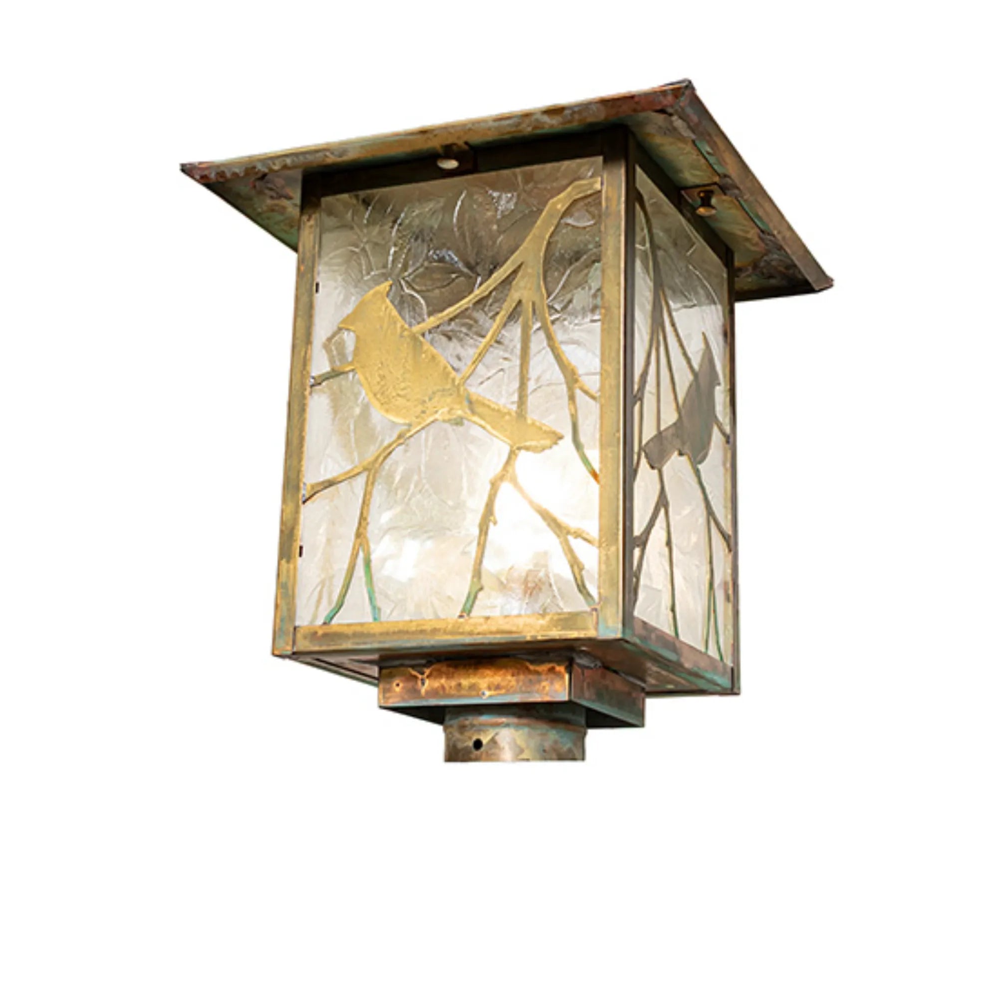 12" Square Seneca Song Bird Post Mount – Verdigris – Clear Leaf Glass – Wet-Rated – Meyda Lighting