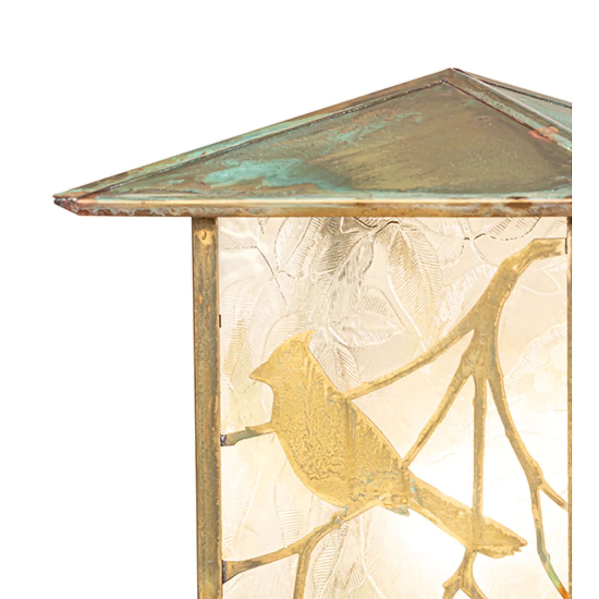 12" Square Seneca Song Bird Post Mount – Verdigris – Clear Leaf Glass – Wet-Rated – Meyda Lighting