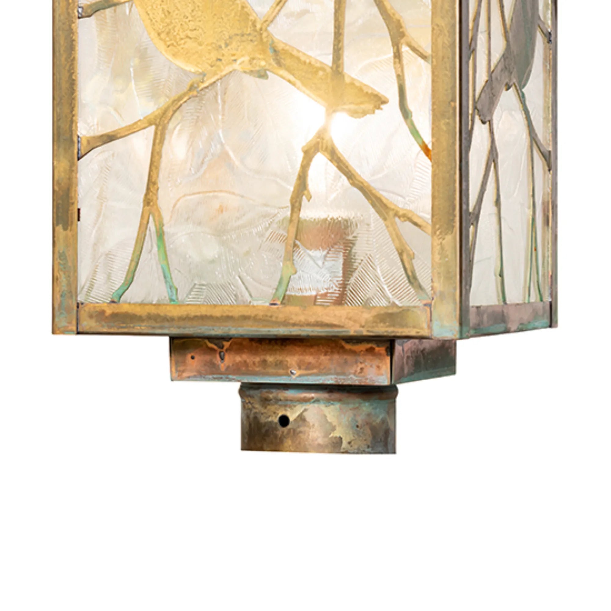 12" Square Seneca Song Bird Post Mount – Verdigris – Clear Leaf Glass – Wet-Rated – Meyda Lighting