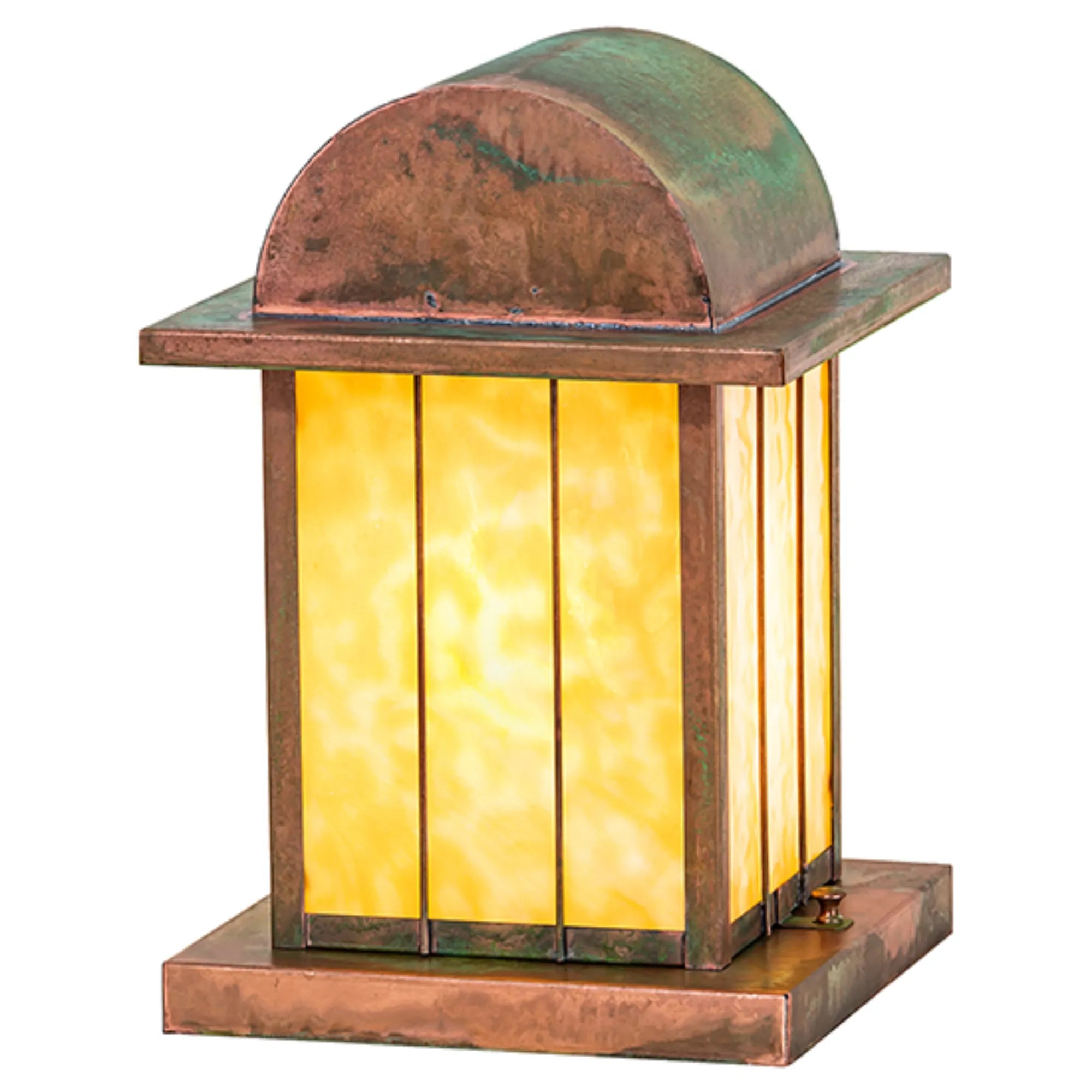 9" Square Clinton Arch Lantern Pier Mount – Verdigris – Beige Art Glass – Wet-Rated – Meyda Lighting