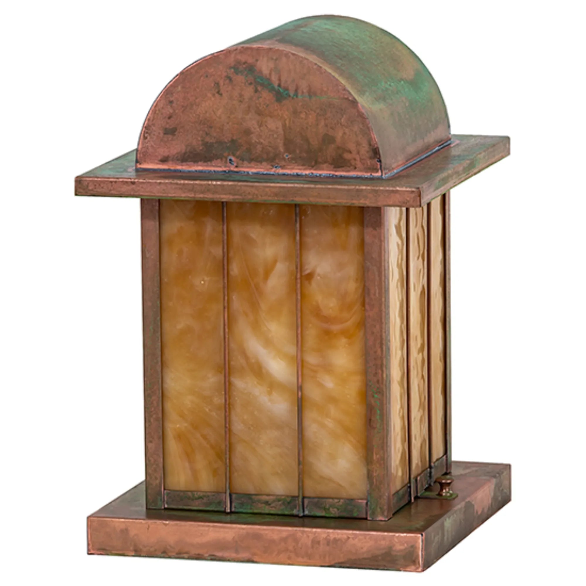 9" Square Clinton Arch Lantern Pier Mount – Verdigris – Beige Art Glass – Wet-Rated – Meyda Lighting
