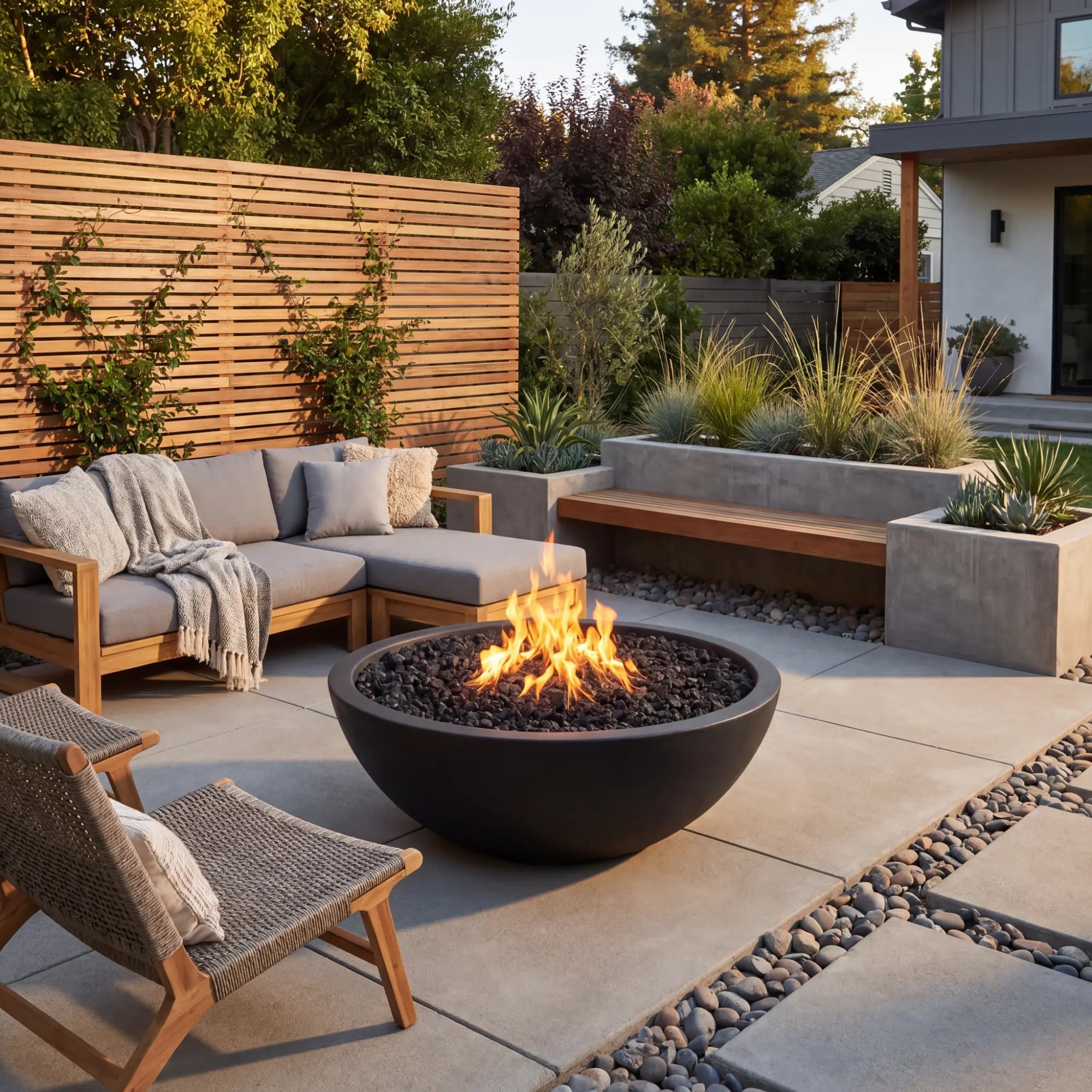 Outdoor patio with fire pit, seating area, and garden