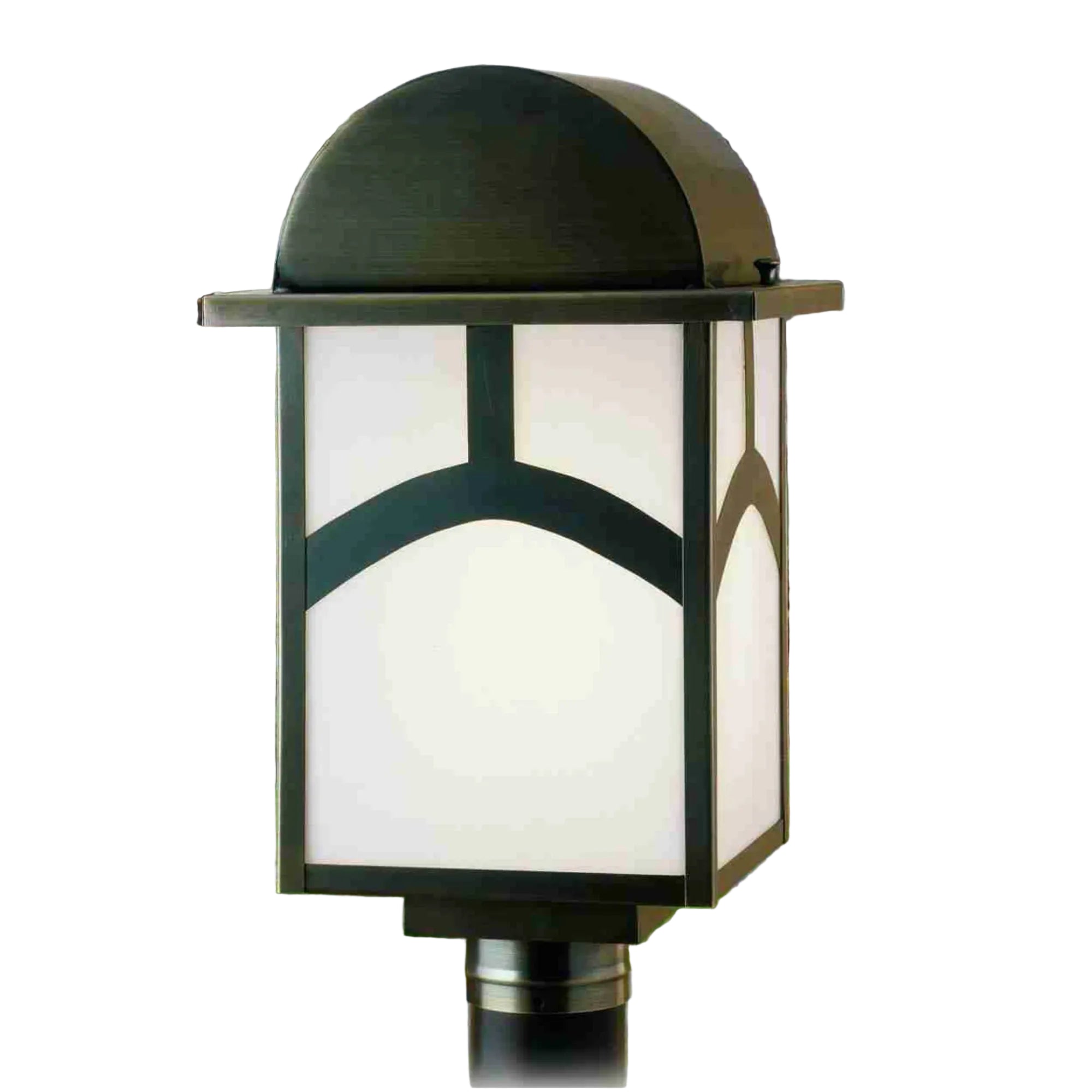 10"Sq Mission Hill Top Post Mount – Antique Brass – White Art Glass – Wet-Rated – Meyda Lighting