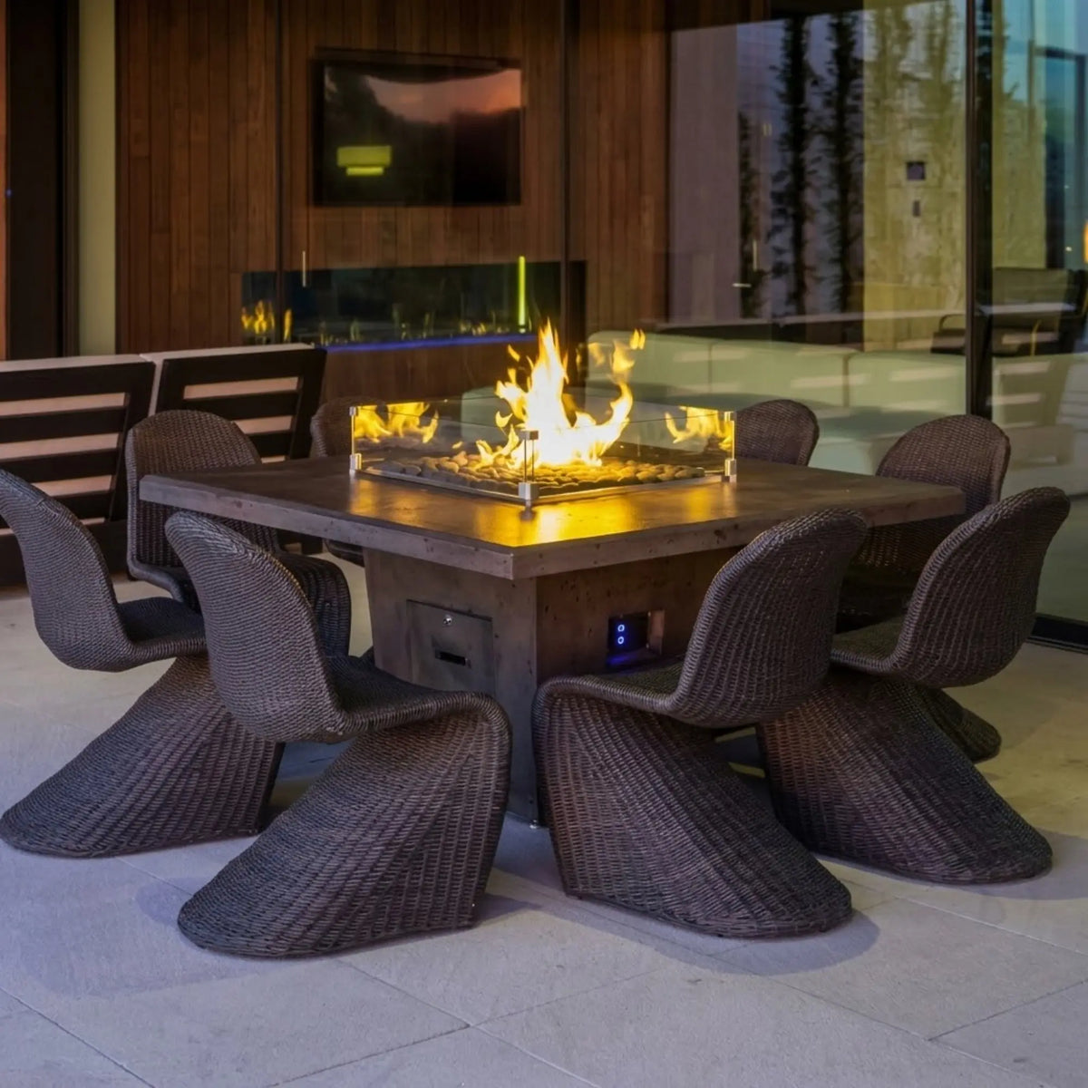American Fyre Designs Cosmopolitan Square Dining 60" Reclaimed Wood and GFRC Gas Fire Pit Table American Fyre Designs