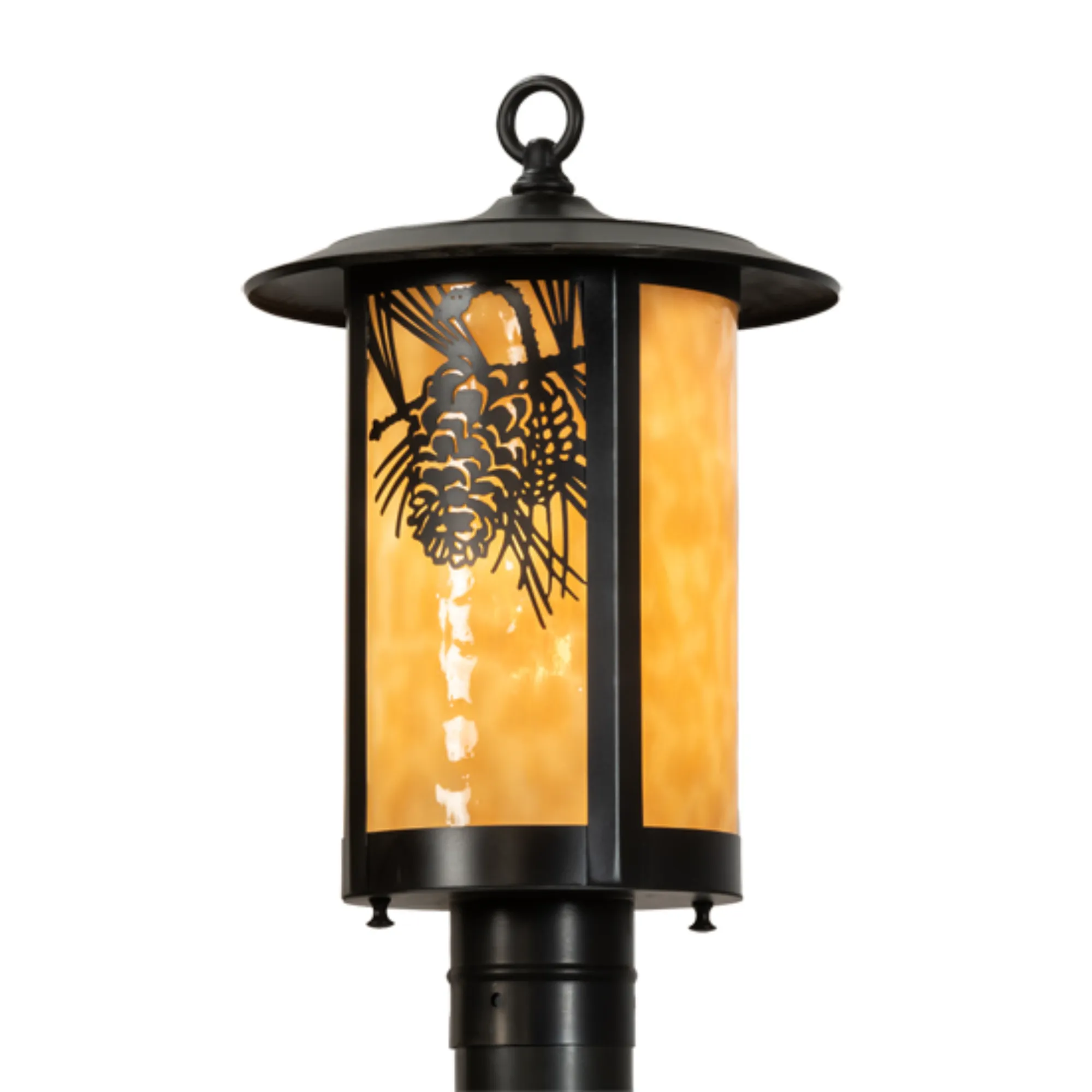 10" Wide Winter Pine Post Mount – Craftsman Brown – Beige Art Glass – Wet-Rated – Meyda Lighting