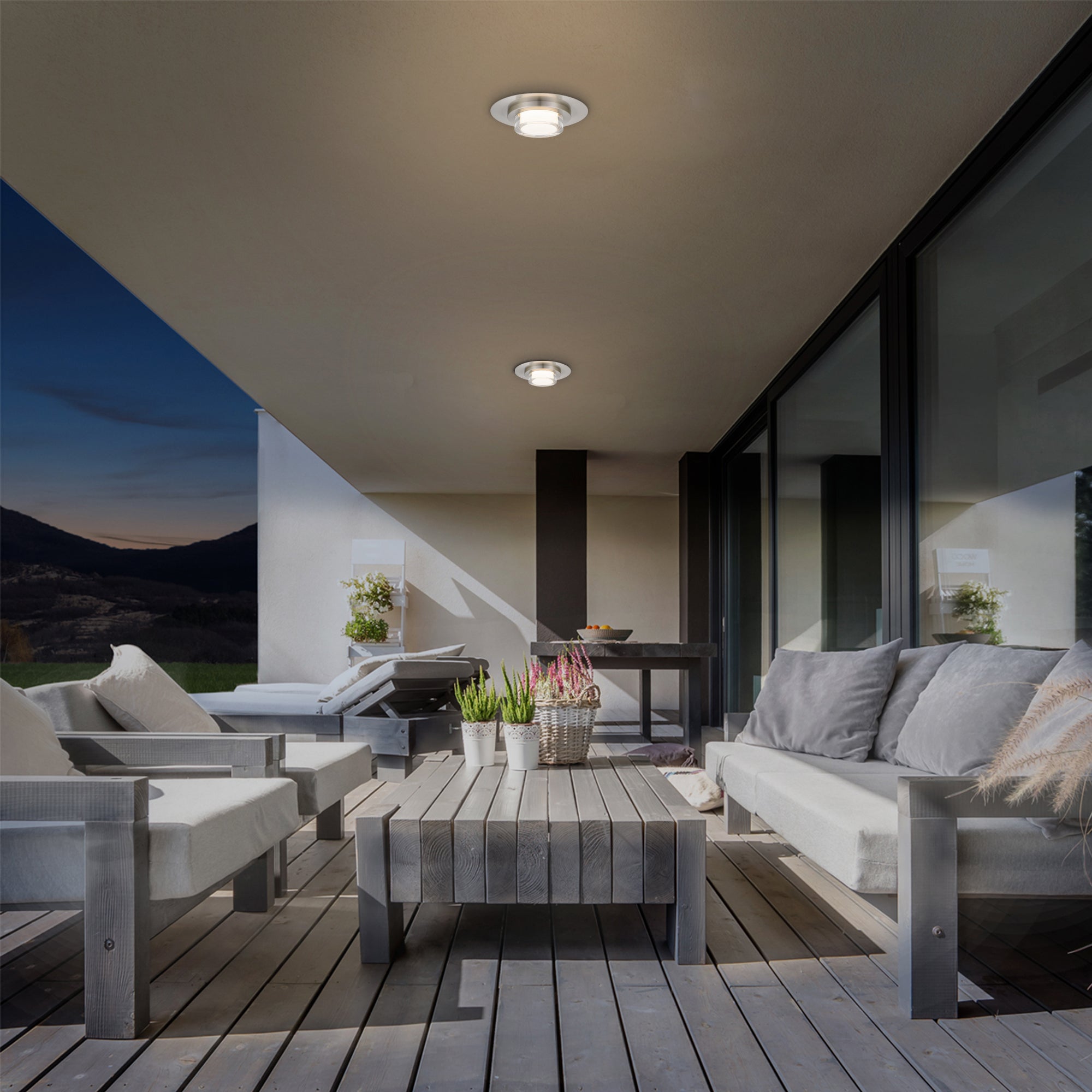 Alteck Plate 12-Inch Stainless Steel 3-CCT LED Outdoor Flush Mount Light - AFM0012-3CCT-W-BSS - Application Exterior Image