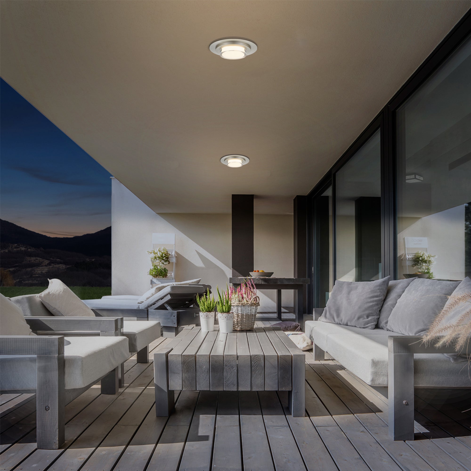 Alteck Plate 16-Inch Stainless Steel 3-CCT LED Outdoor Flush Mount Light - AFM0013-3CCT-W-BSS - Application Exterior Image