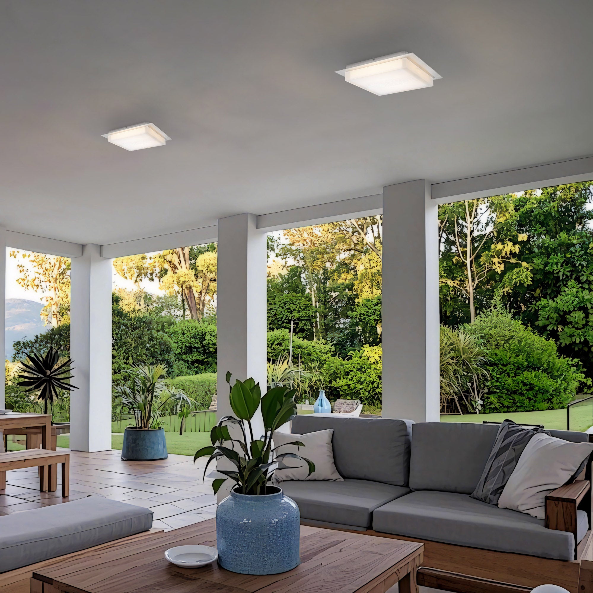 Alteck Foursquare 14-Inch Stainless Steel 3-CCT LED Outdoor Flush Mount Light - AFM0015-3CCT-W-BSS - Application Exterior Image