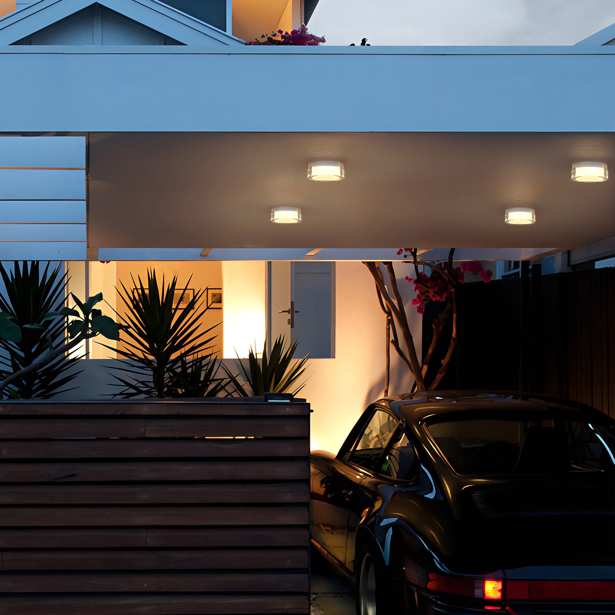 Alteck Sunspot 6-Inch Stainless Steel 3-CCT LED Outdoor Flush Mount Light - AFM0016-3CCT-W-BSS - Application Exterior Image