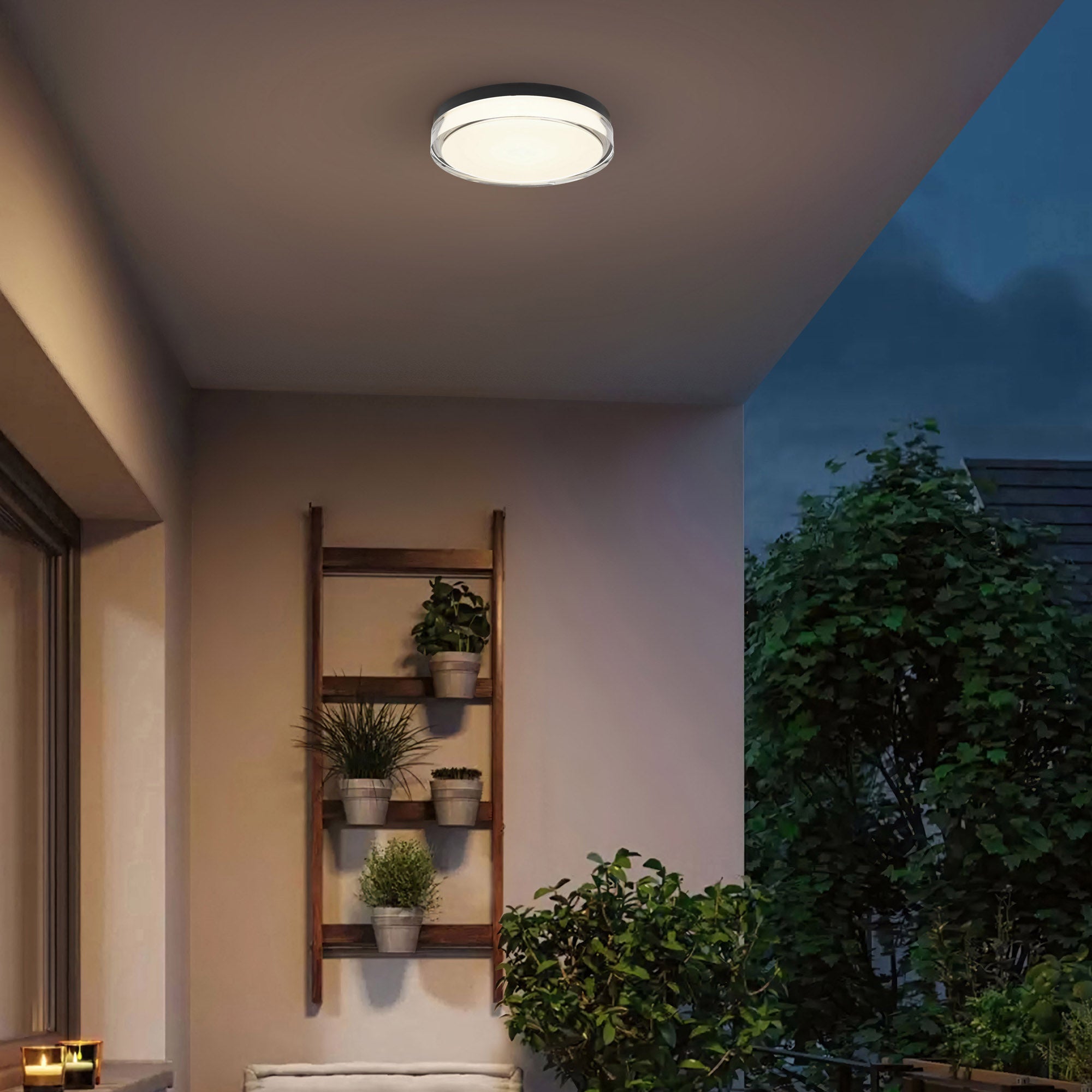 Alteck Sunspot 12-Inch Black 3-CCT LED Outdoor Flush Mount Light - AFM0018-3CCT-W-BK - Application Exterior Image