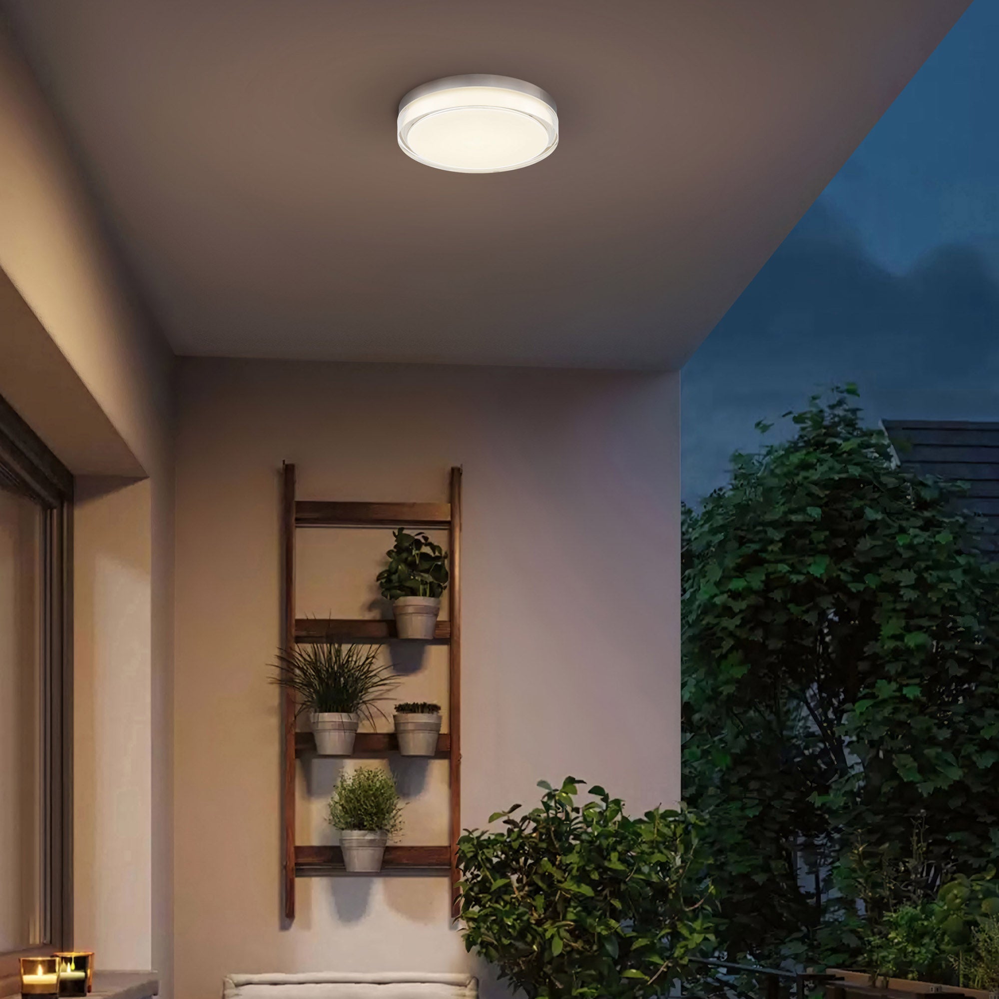 Alteck Sunspot 12-Inch Stainless Steel 3-CCT LED Outdoor Flush Mount Light - AFM0018-3CCT-W-BSS - Application Exterior Image