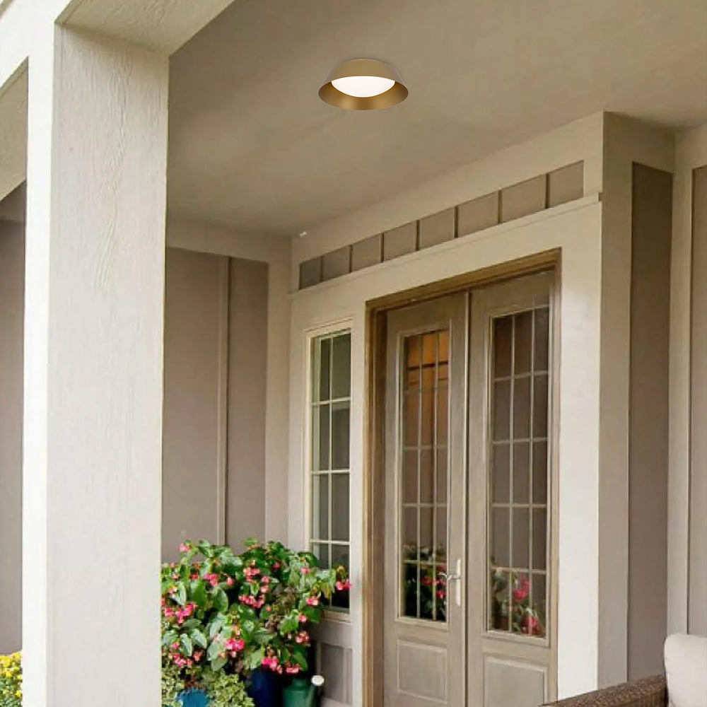 Polished brass outdoor flush mount ceiling light — elegant exterior flush mount ceiling light for entryways and covered patios