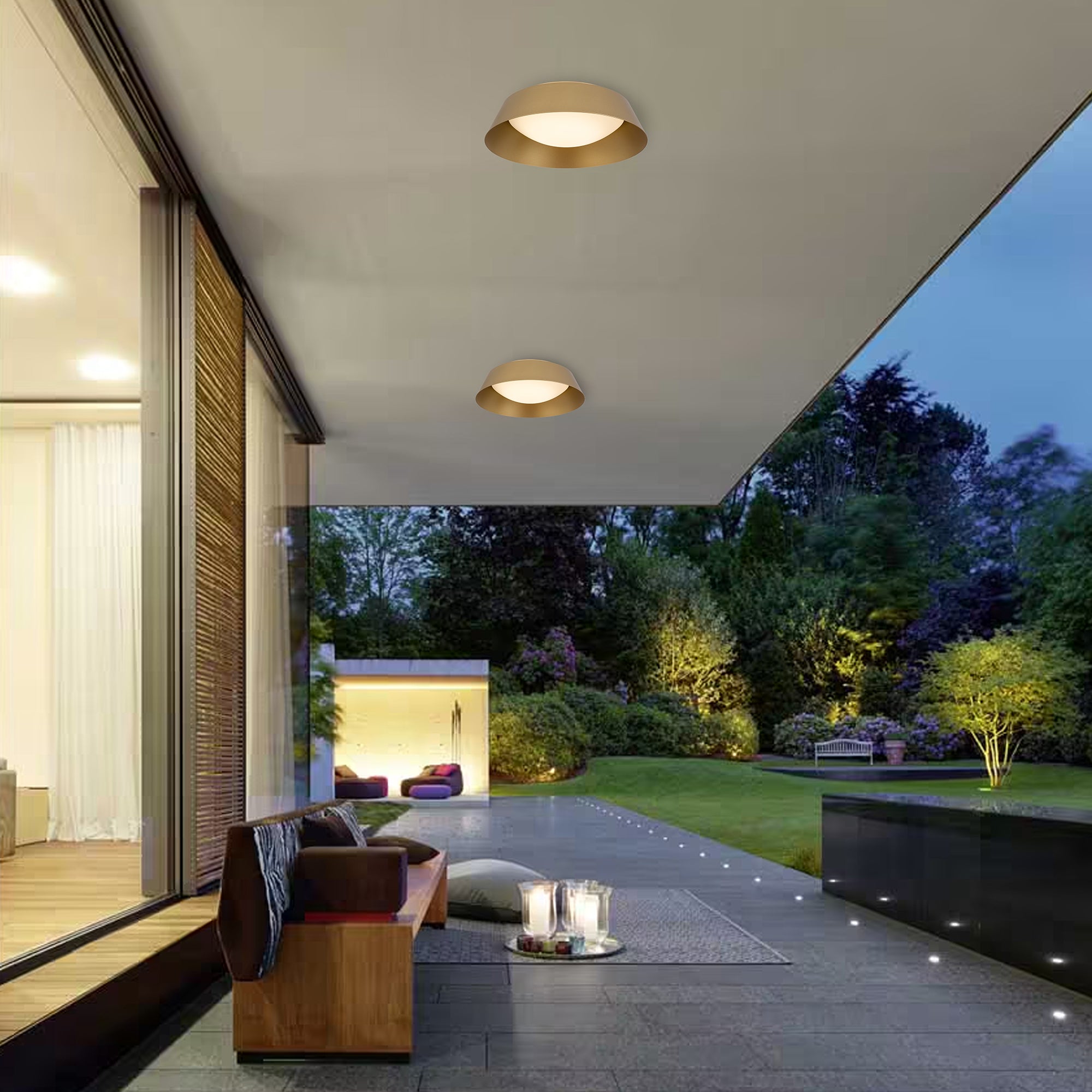 Alteck Pez 15-Inch Painted Brass LED Outdoor Flush Mount Light - AFM0067-5CCT-W-PB - Application Exterior Image
