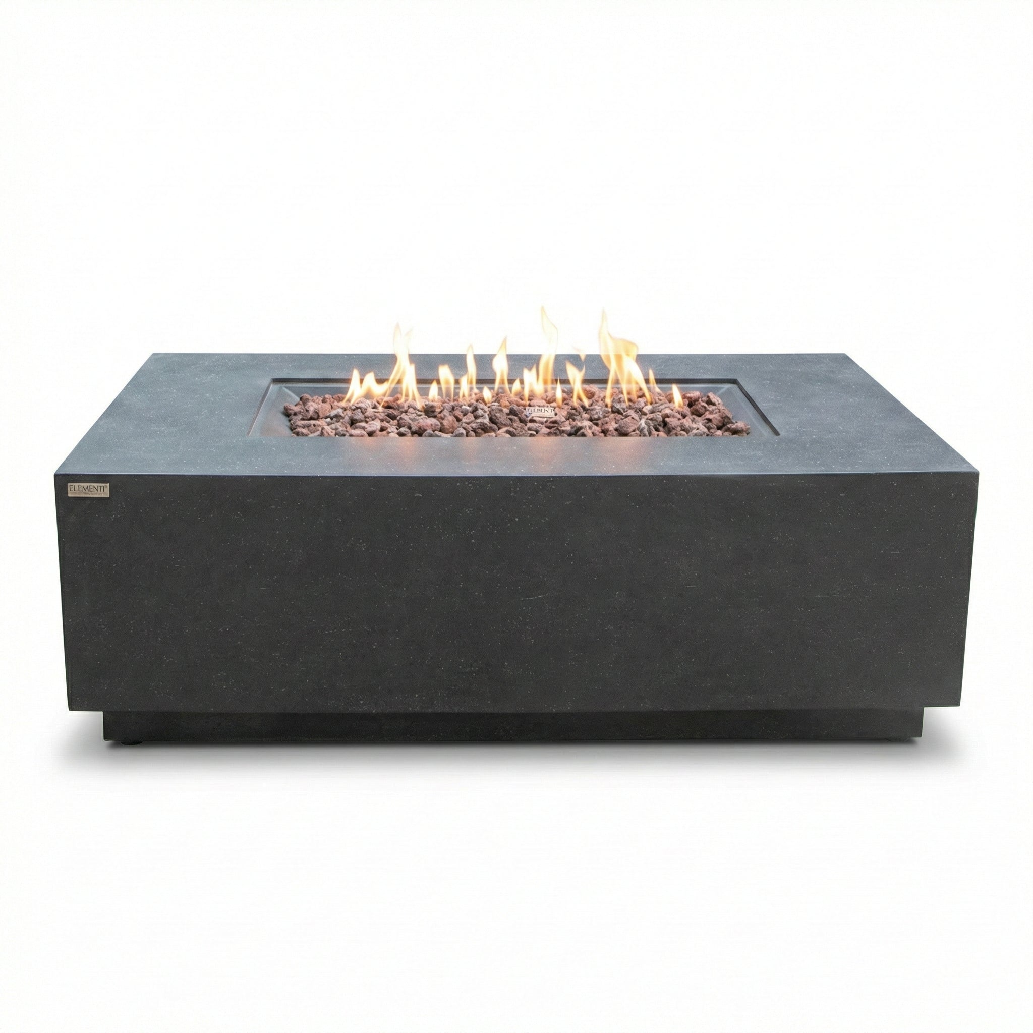Rectangular fire pit table with flames on a white background