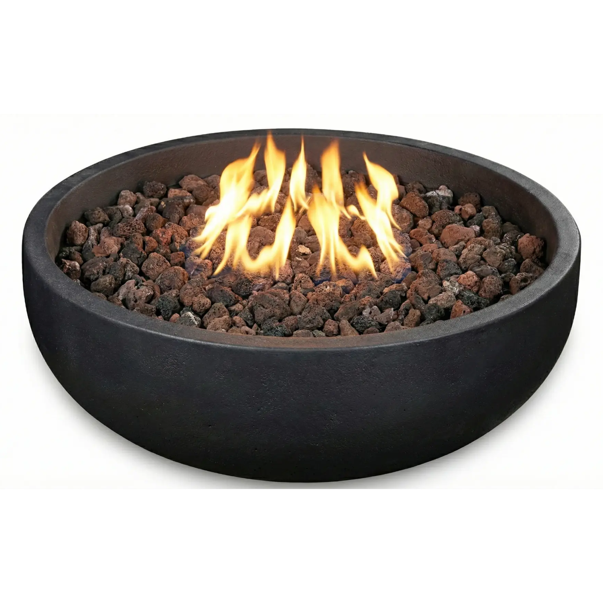 Black fire pit with flames on a white background