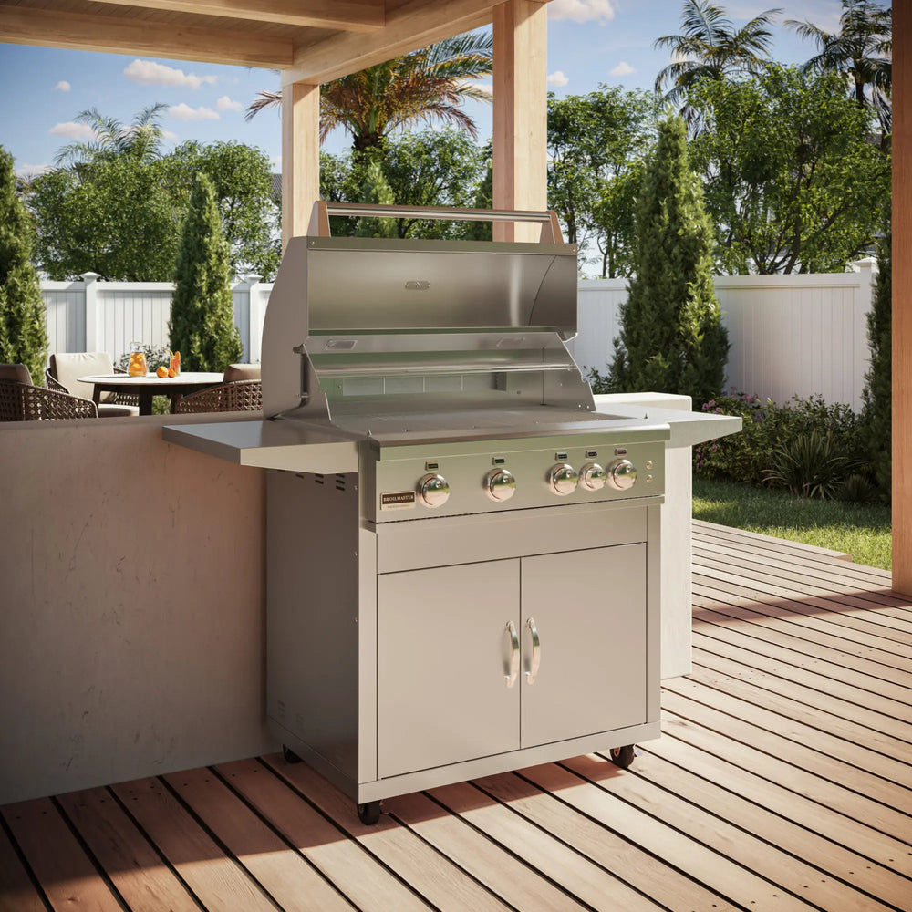 Broilmaster 32-inch marine-grade freestanding gas grill on cart — premium freestanding gas grill with stainless steel construction for coastal climates